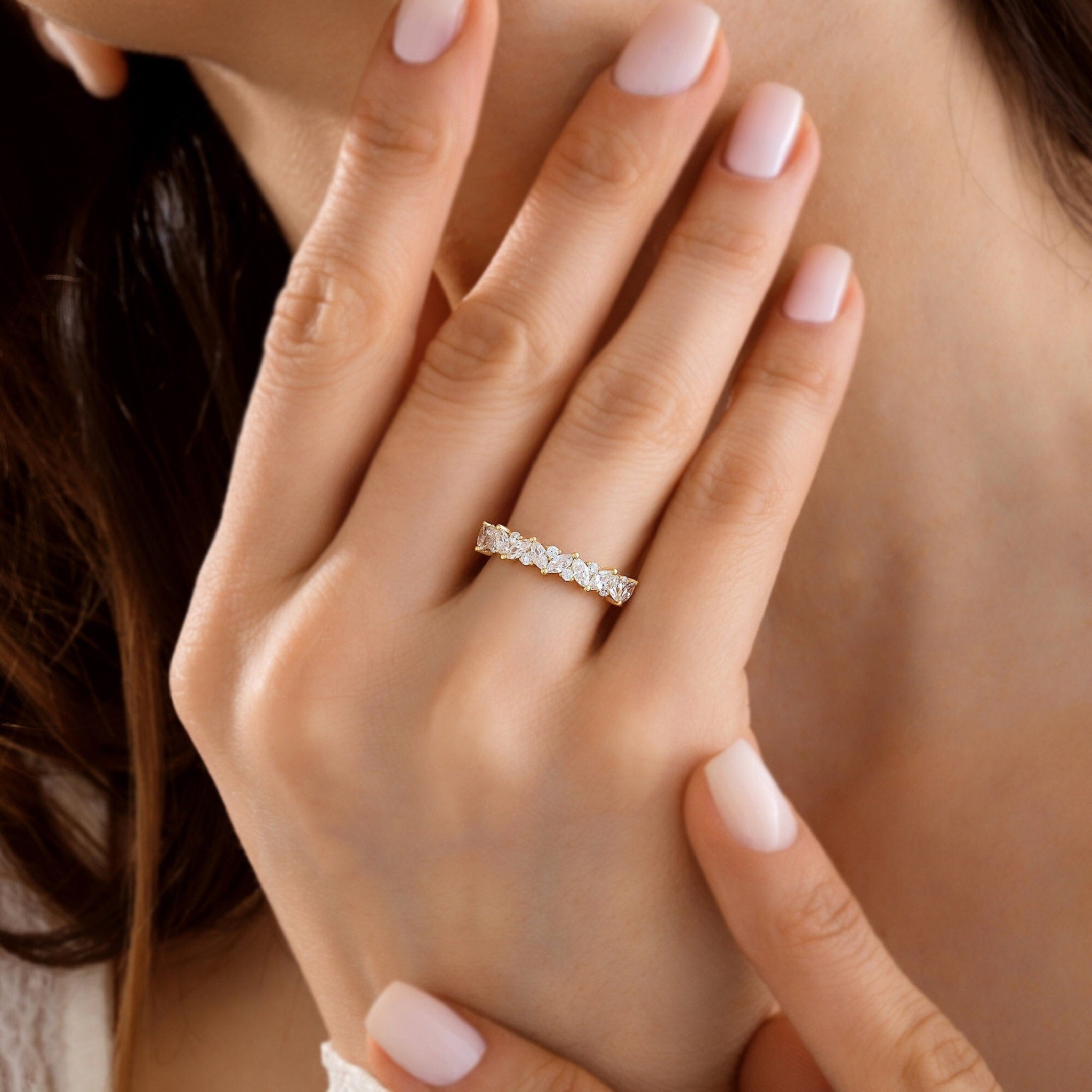 Marquise Round Half Eternity Cluster Wedding Ring