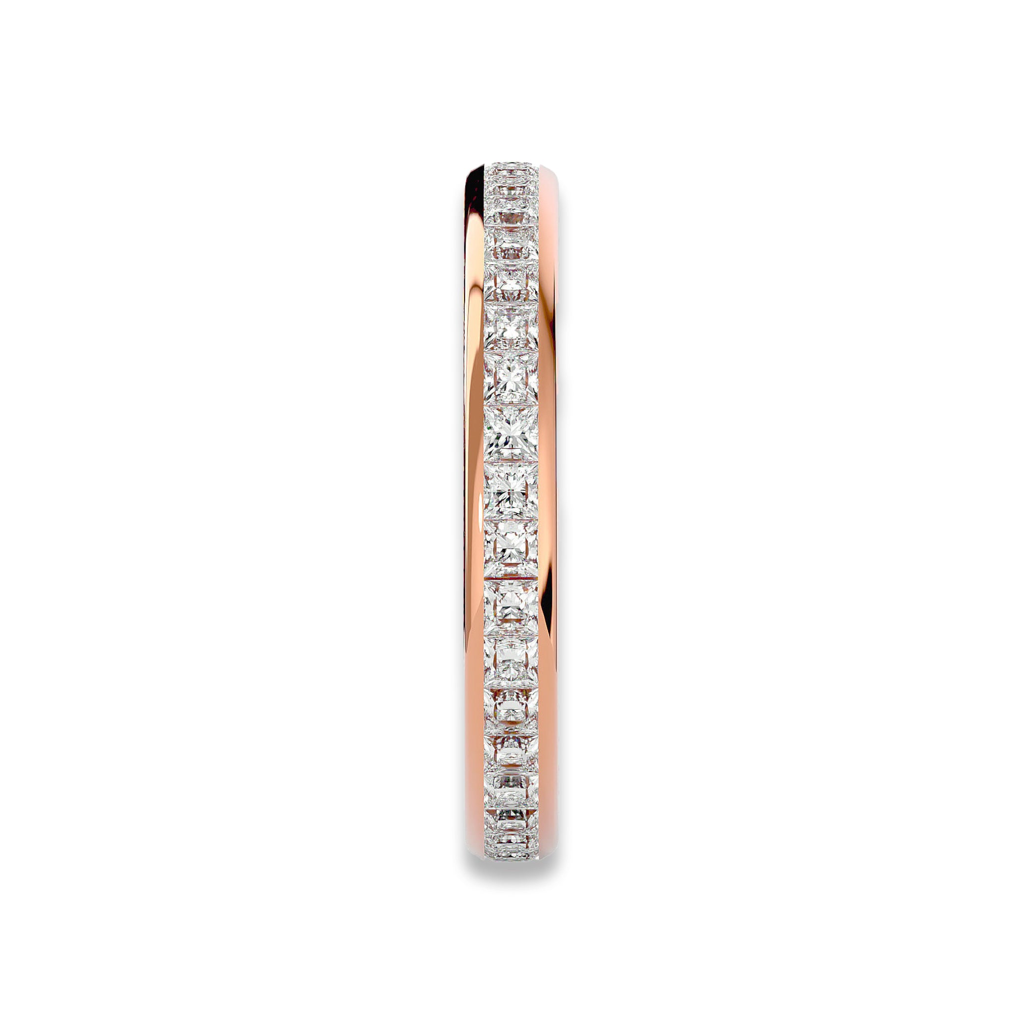 Slim side view of rose gold Princess Cut Eternity Ring with sparkling moissanite stones. Perfect for weddings or anniversaries.