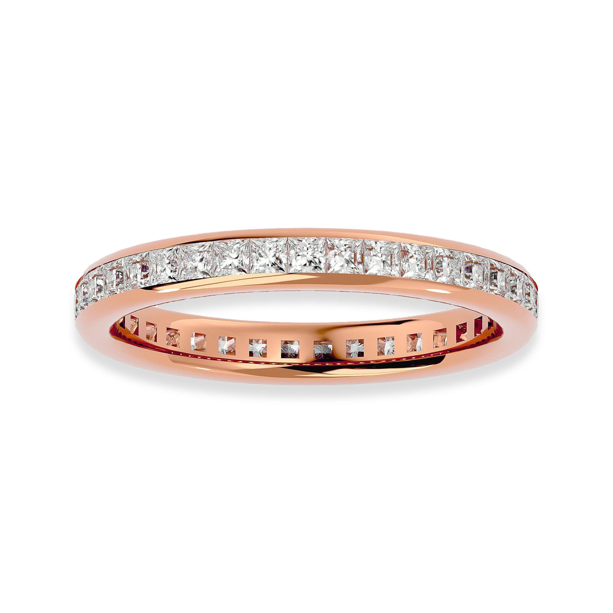 Rose gold Princess Cut Eternity Wedding Ring with dazzling moissanite stones in a channel setting. Romantic and stackable design.