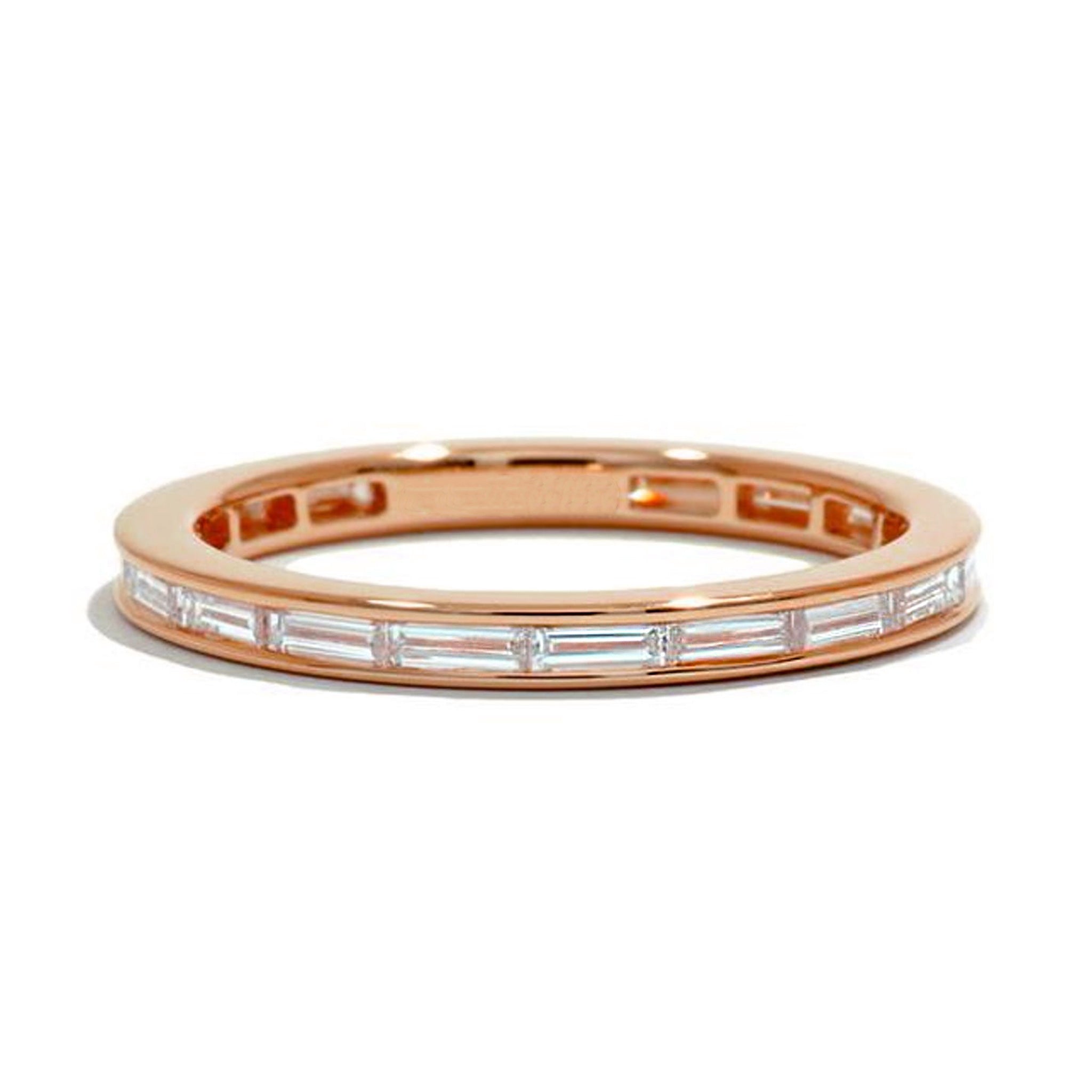 Rose gold Stackable Baguette Wedding Ring with channel set moissanite baguettes, perfect for a romantic and timeless wedding style.