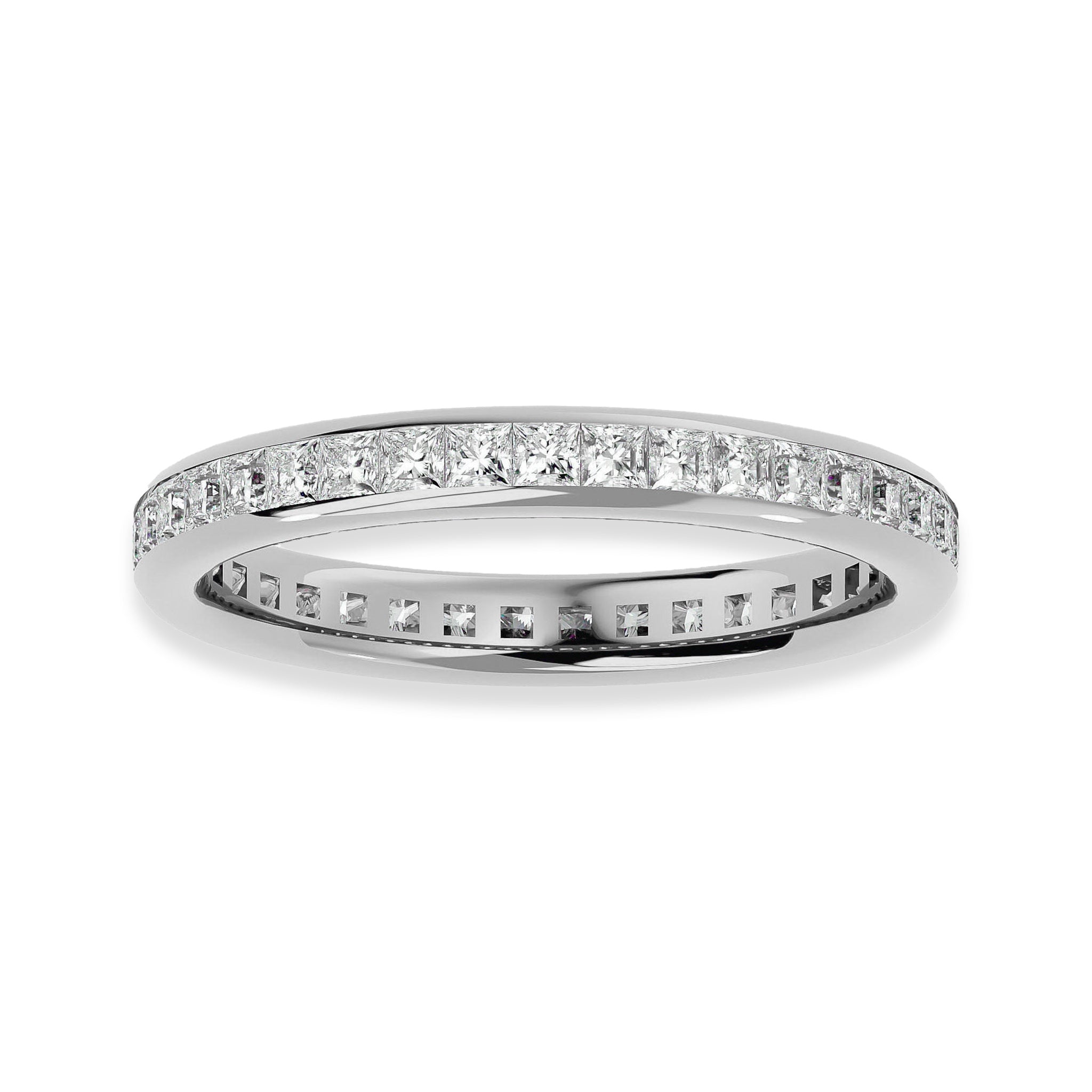 White gold Princess Cut Eternity Wedding Ring featuring channel-set moissanite stones. Timeless design for weddings or stacking.