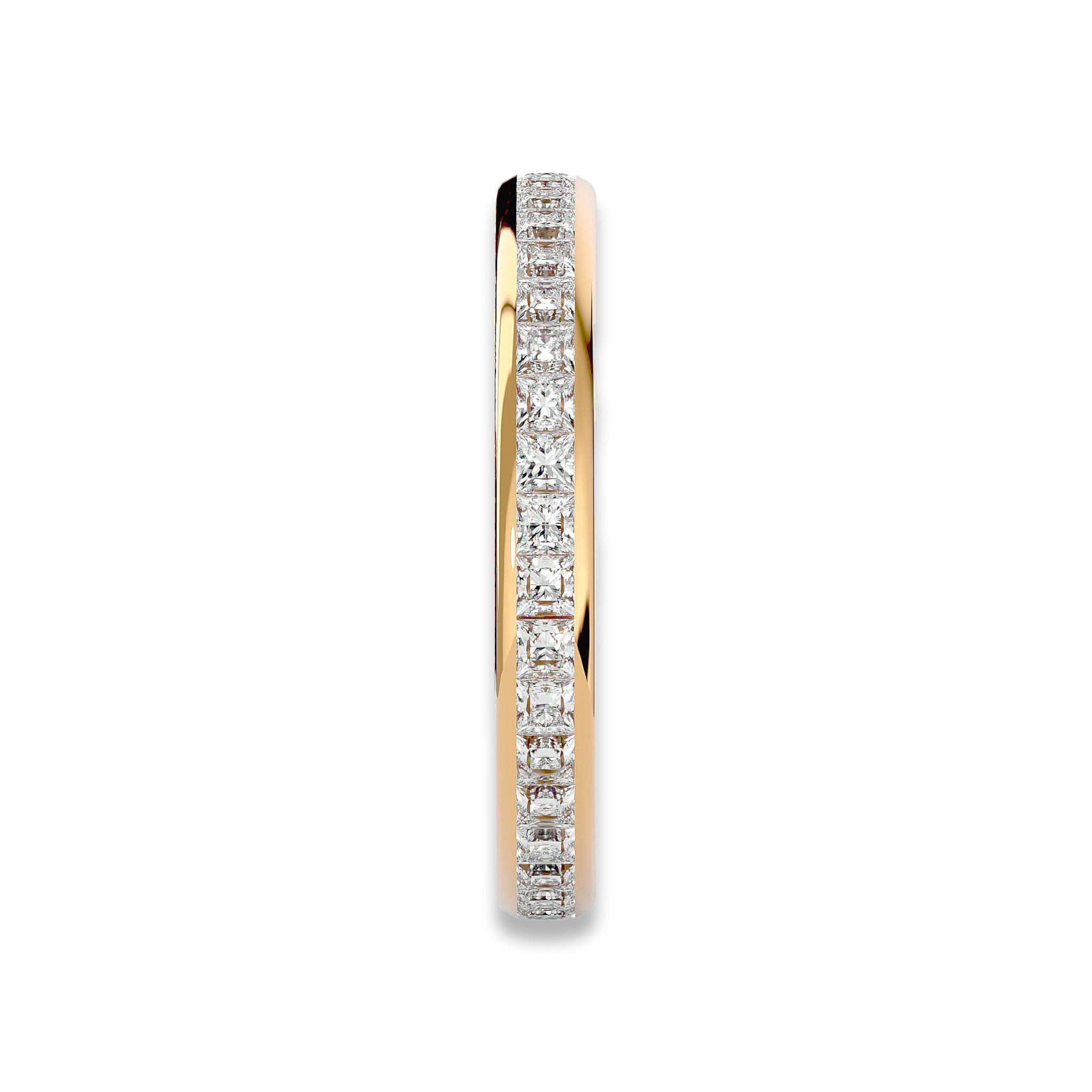 Side view of yellow gold Princess Cut Eternity Wedding Ring with sparkling moissanite stones in a sleek channel setting.