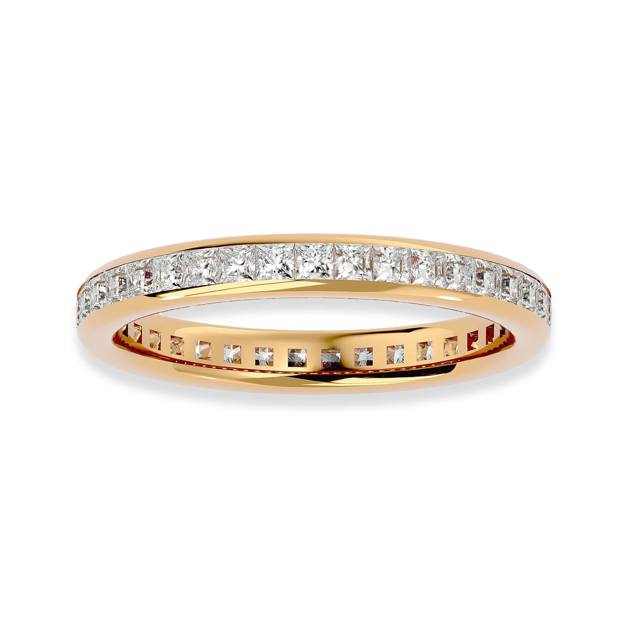 Princess Cut Eternity Wedding Ring in yellow gold with channel-set moissanite stones. Elegant band ideal for weddings or stacking.