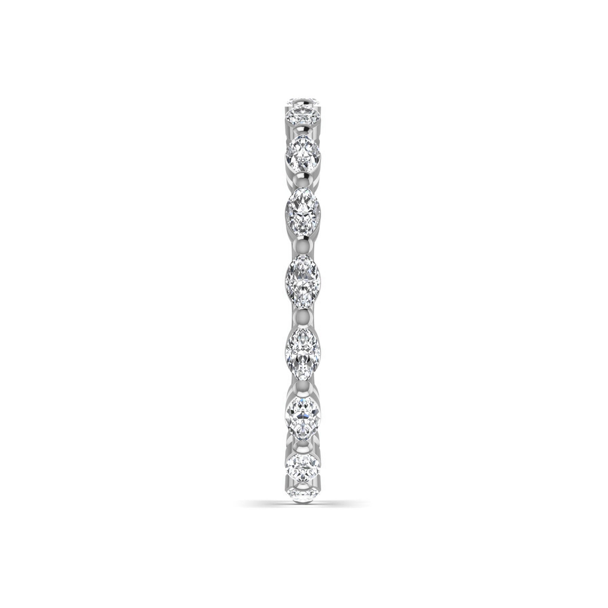 Slim side profile of white gold Marquise Stackable Full Eternity Diamond Ring with round lab-grown diamonds in shared prong setting.