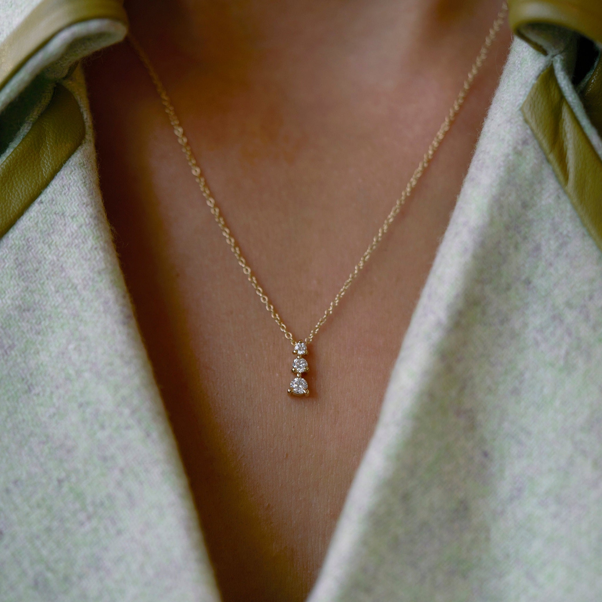 Vertically Graduated Three Stone Diamond Pendant Necklace