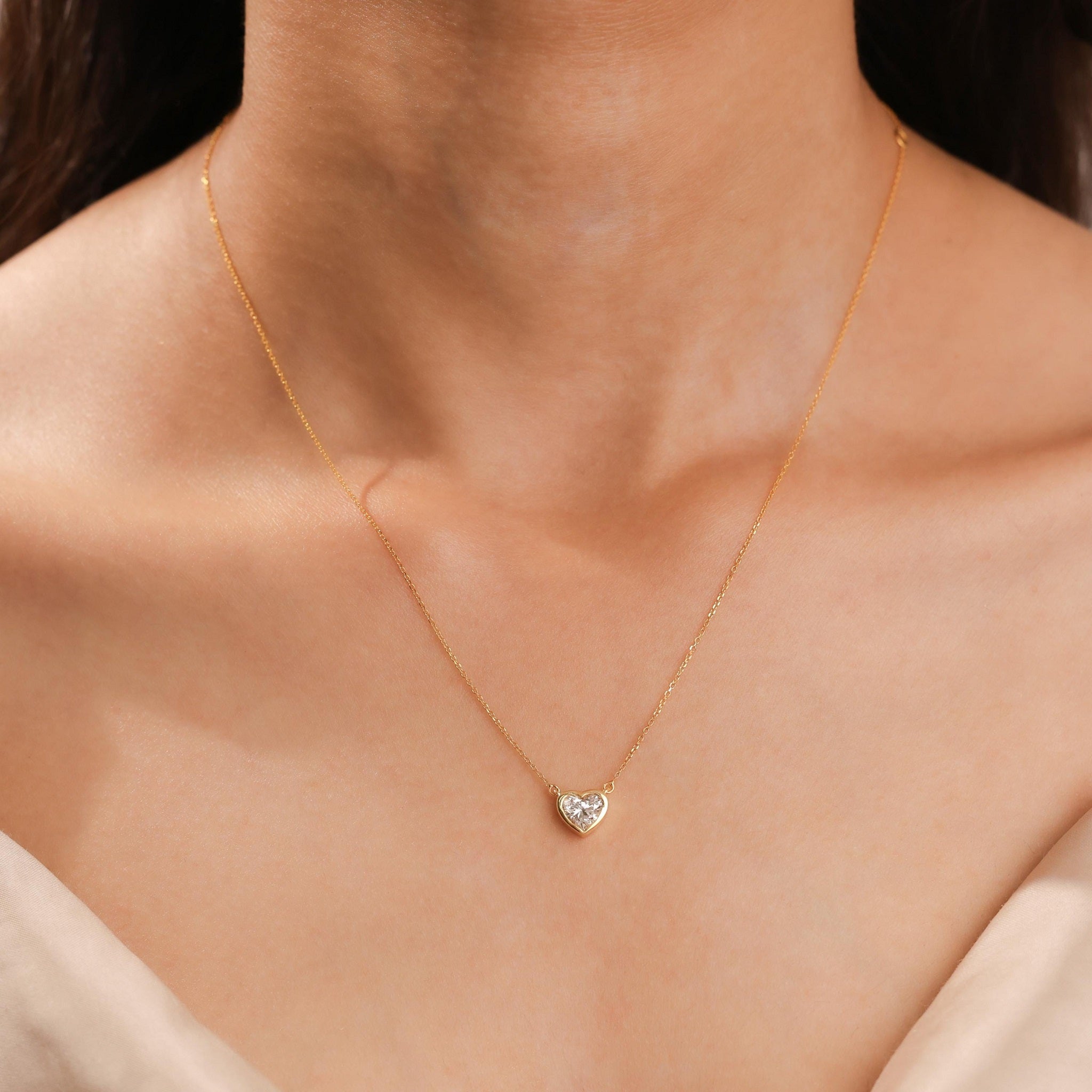 Solitaire Heart Bezel Set Single Diamond Pendant Necklace