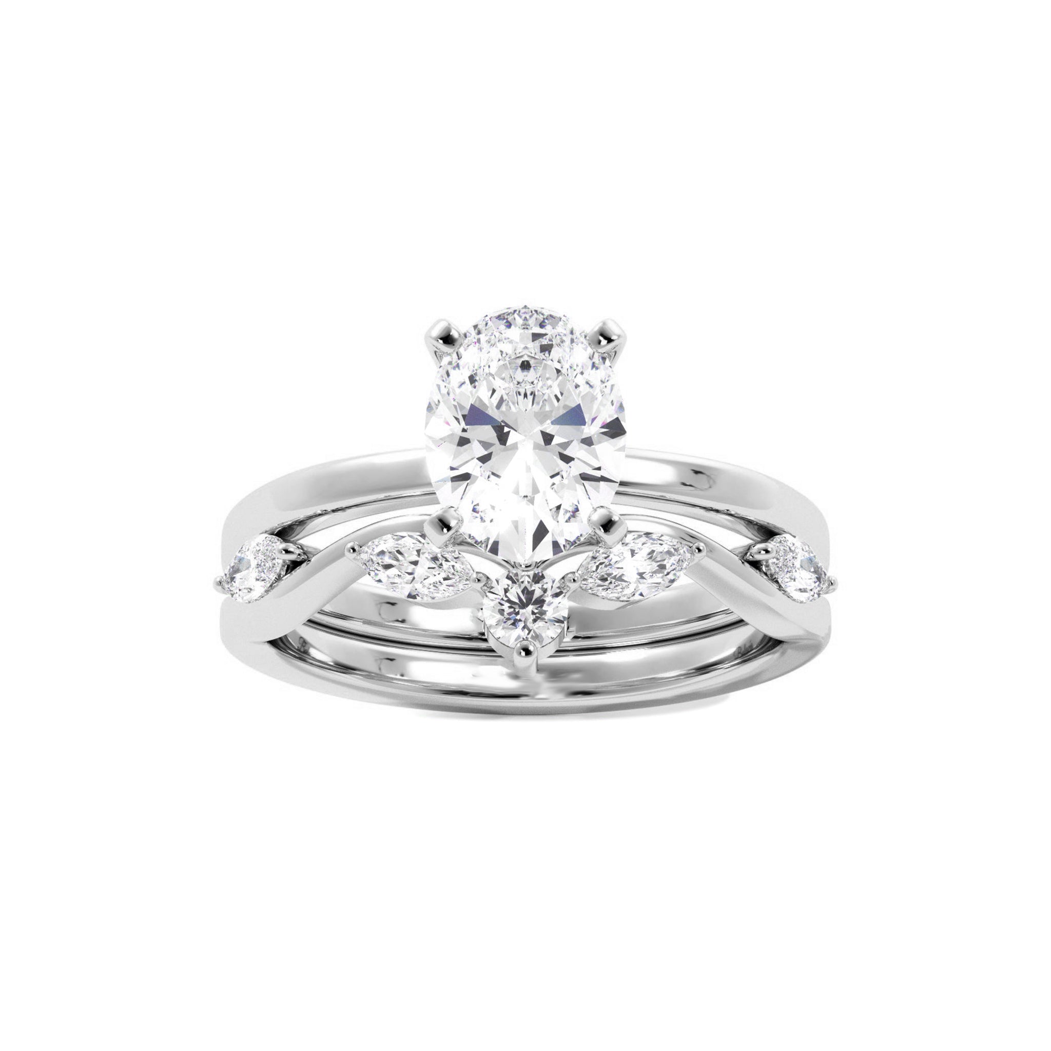 Solitaire Oval Diamond Ring With Marquise Floral Band