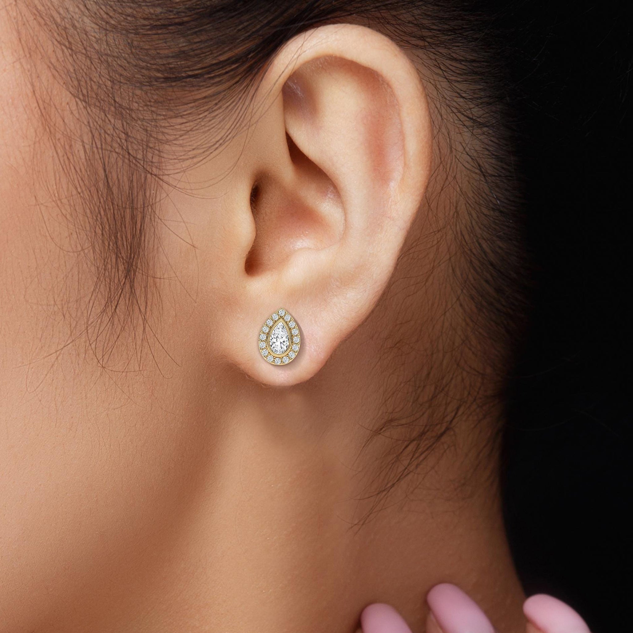 Tear Drop Halo Diamond Stud Earrings