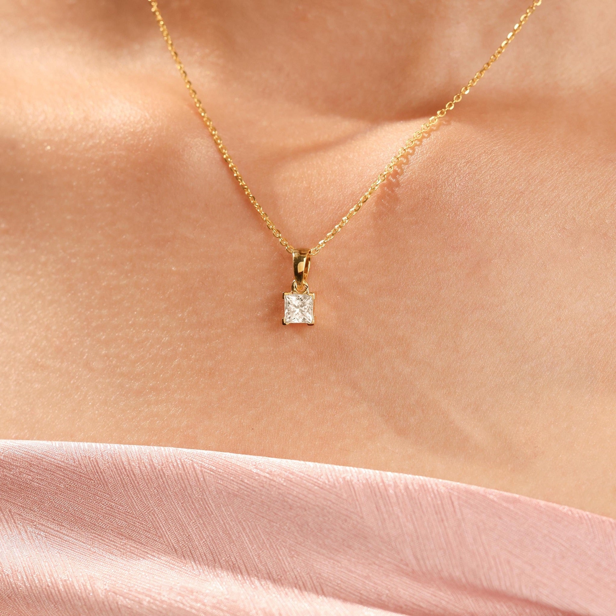 Square Shaped Solitaire Pendant Necklace