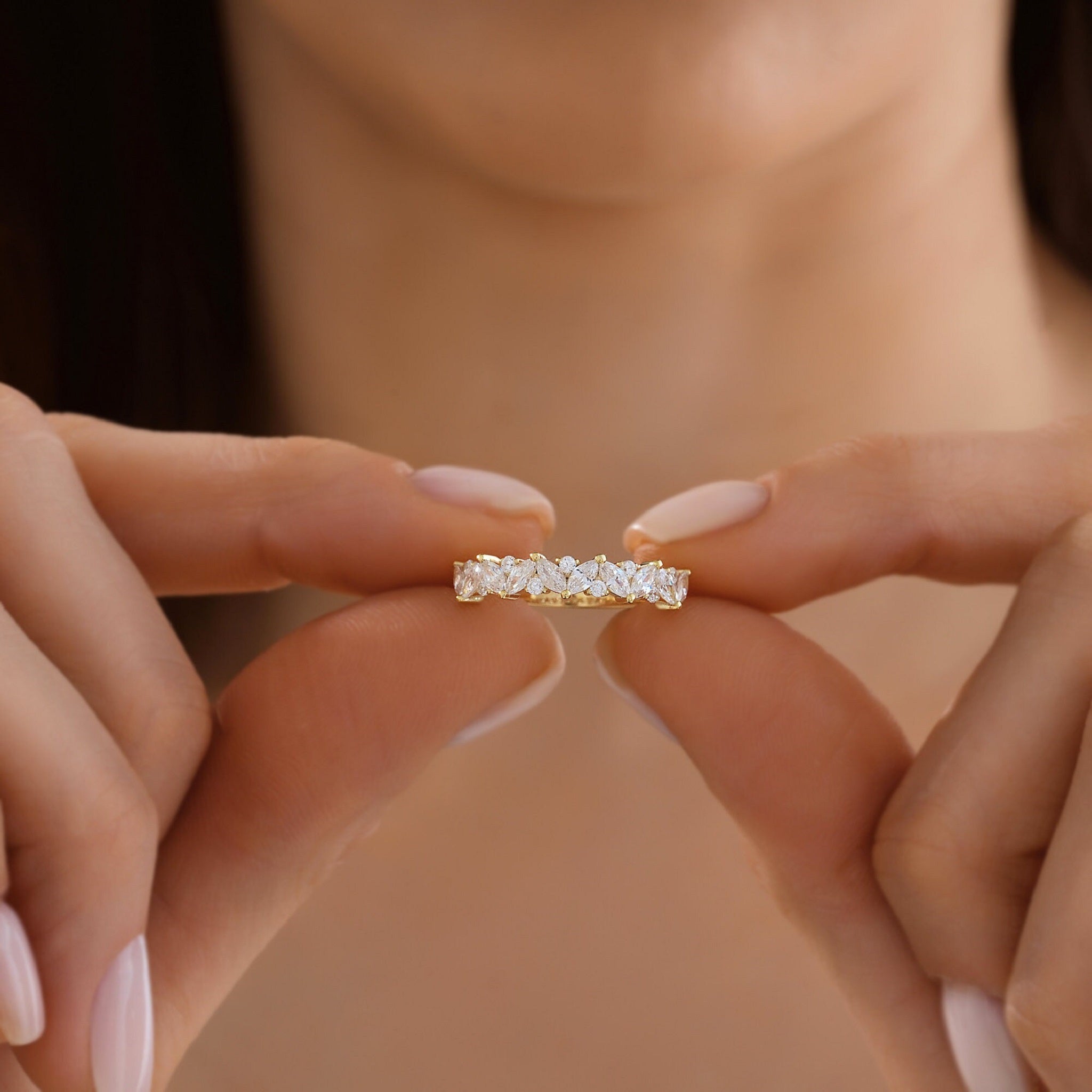 Marquise Round Half Eternity Cluster Wedding Ring