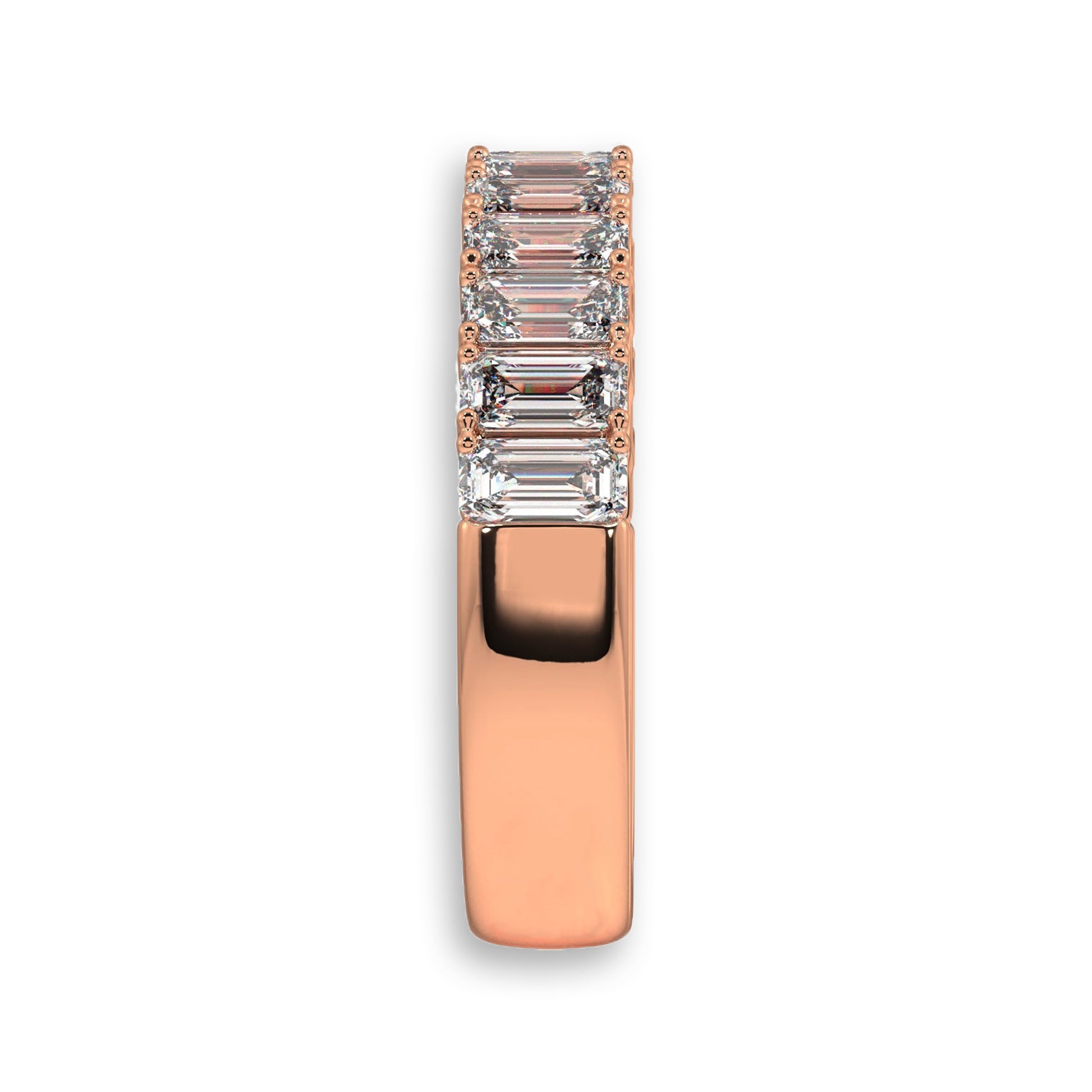 Side view of rose gold emerald cut diamond band. Features lab-grown diamonds in a half eternity style for elegant wear.