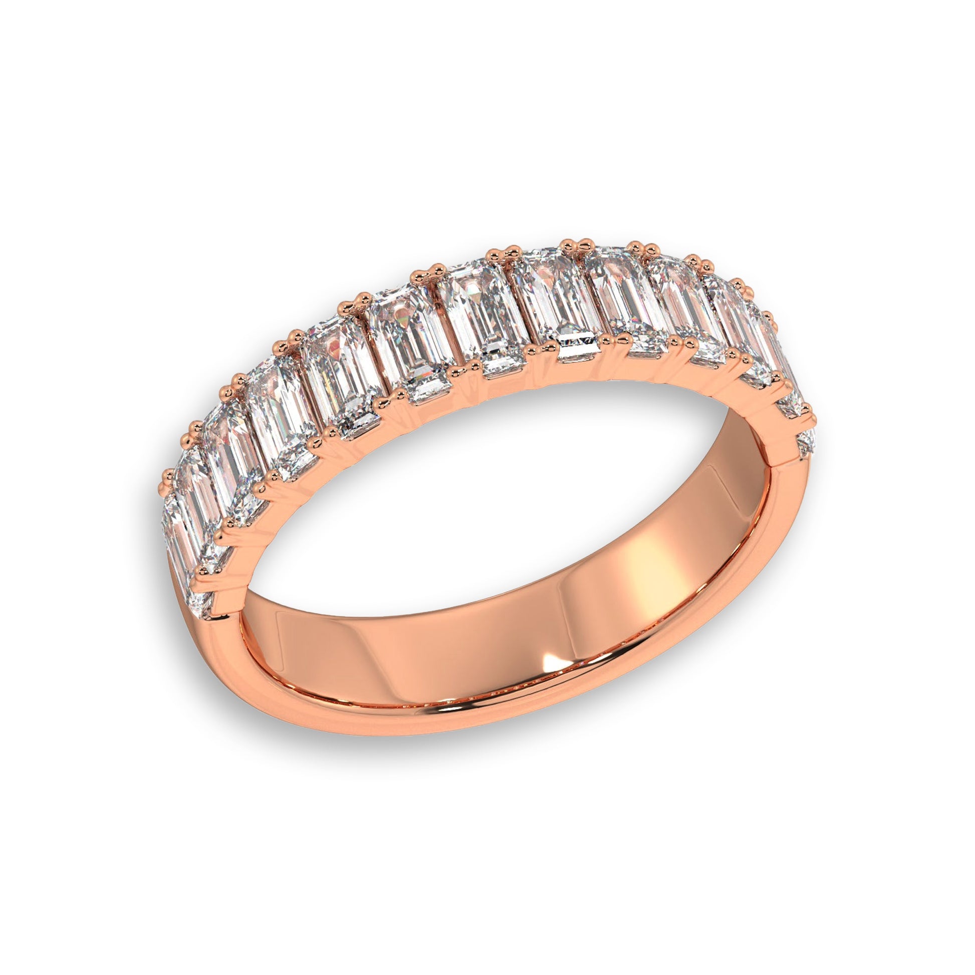 Rose gold half eternity ring with emerald cut lab-grown diamonds. A luxurious and ethical choice for bridal jewelry.