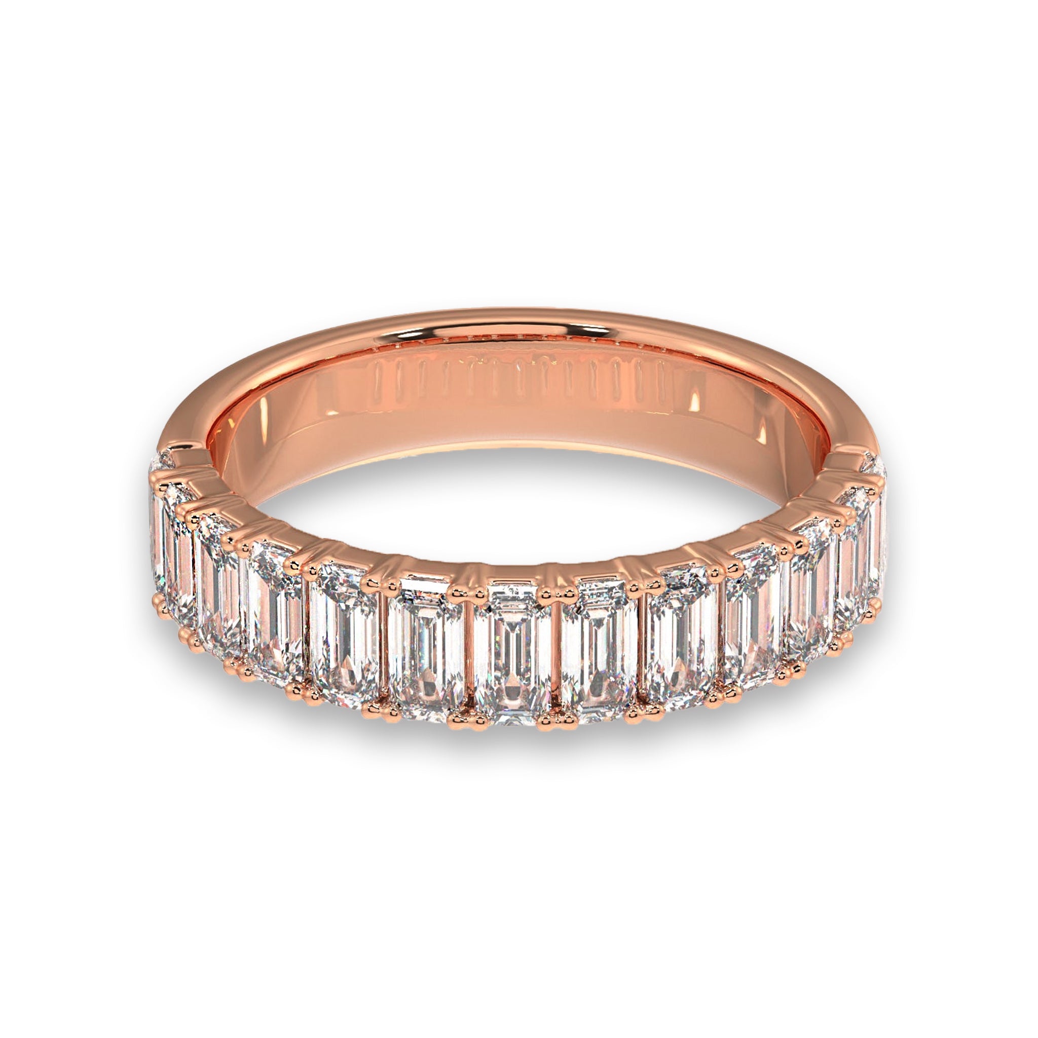 Rose gold Emerald Cut Diamond Band - Half Eternity with lab diamonds. Romantic and stylish wedding band for women.
