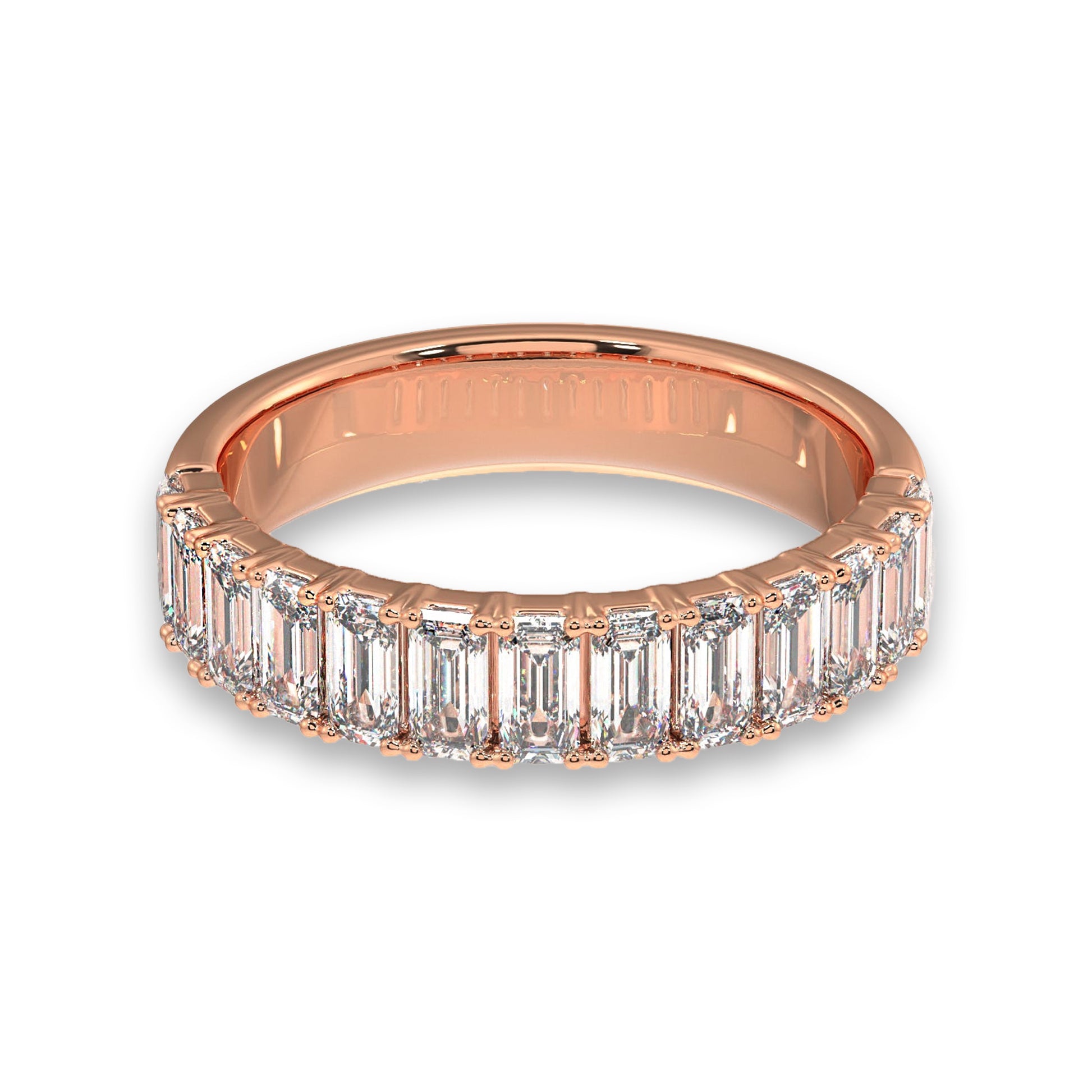 Rose gold Emerald Cut Diamond Band - Half Eternity with lab diamonds. Romantic and stylish wedding band for women.