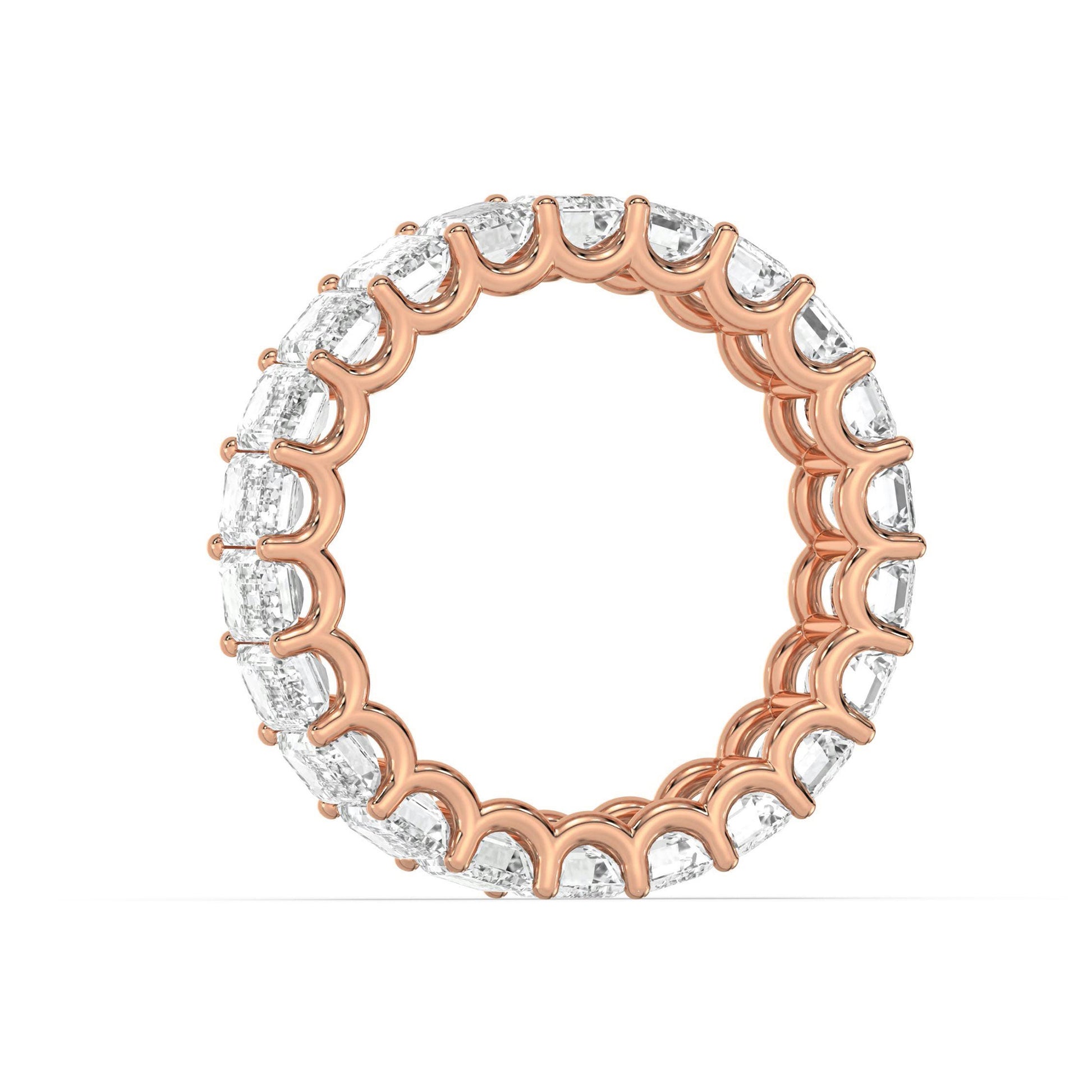 Side profile of rose gold Emerald Cut Eternity Wedding Ring with elegant moissanite diamond arrangement.