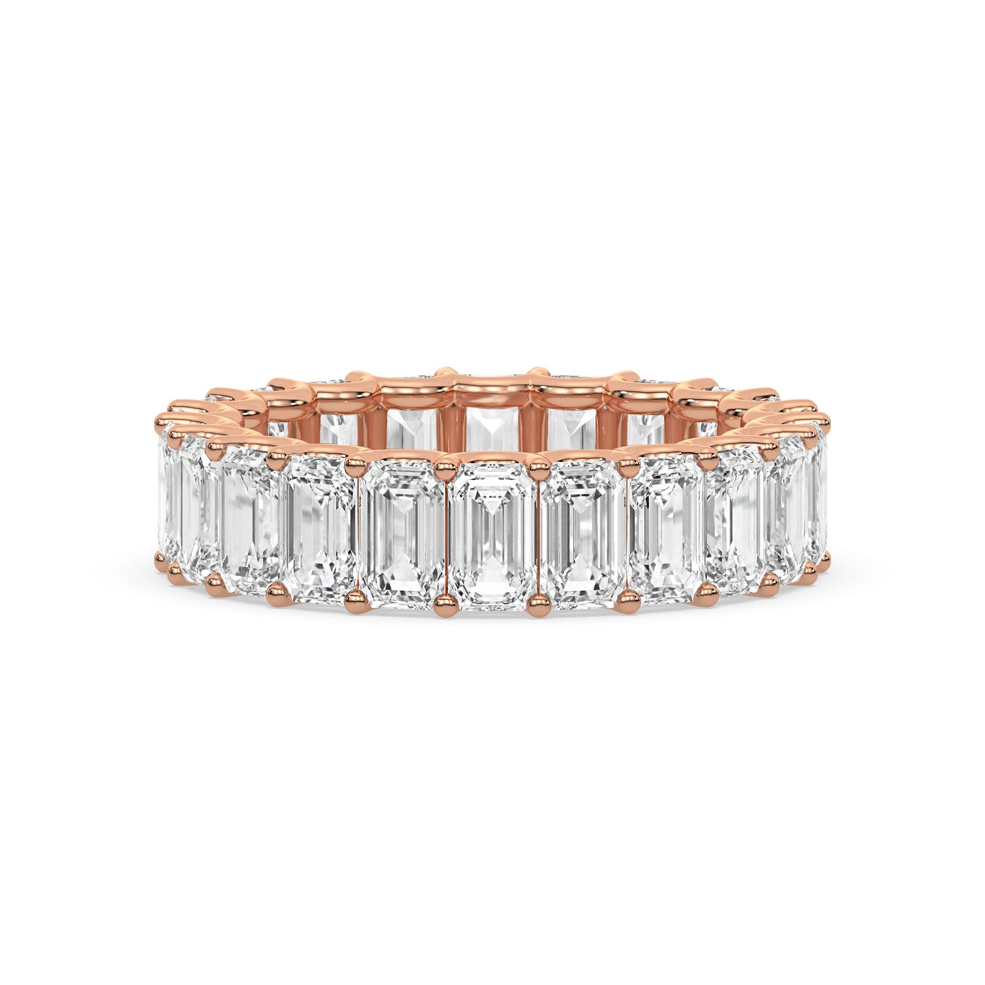 Emerald Cut Eternity Wedding Ring in rose gold featuring moissanite diamonds for a timeless wedding band look.
