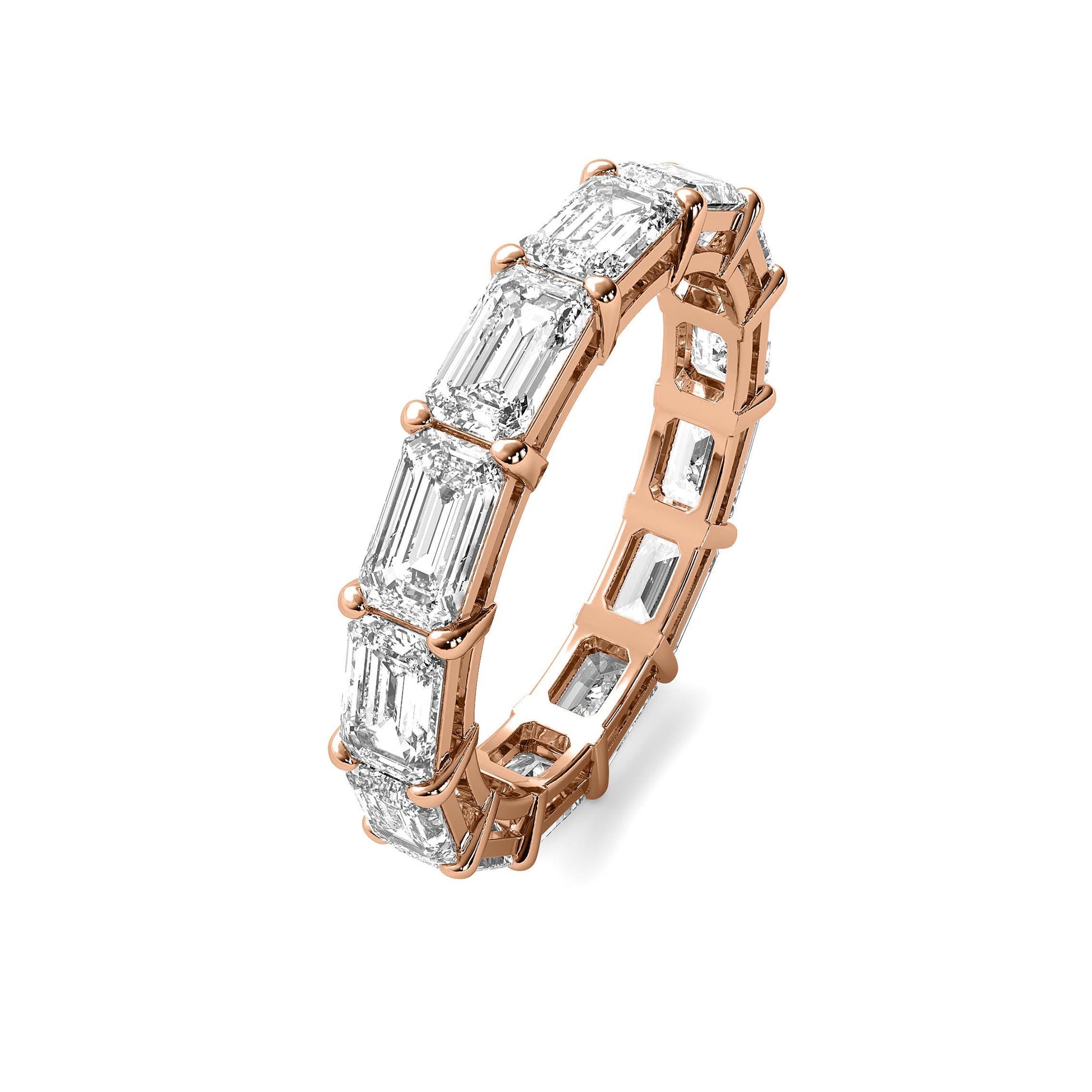 Angled view of rose gold Emerald Cut Eternity Wedding Band with emerald-cut moissanite stones in a seamless eternity style.