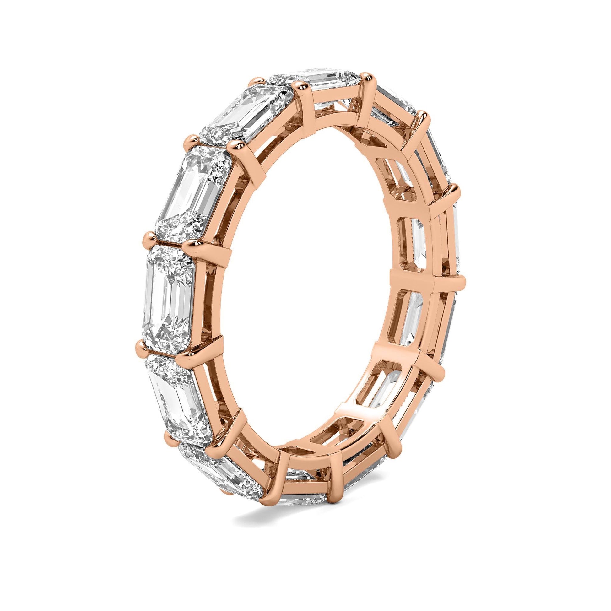 Side profile of rose gold Emerald Cut Eternity Wedding Band featuring a continuous row of moissanite diamonds in prong settings.