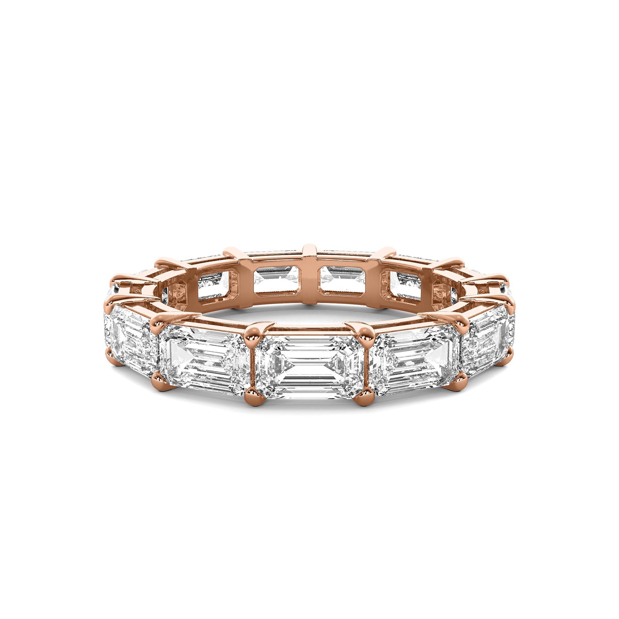 Emerald Cut Eternity Wedding Band in rose gold with sparkling moissanite diamonds, designed for elegance and lasting brilliance.