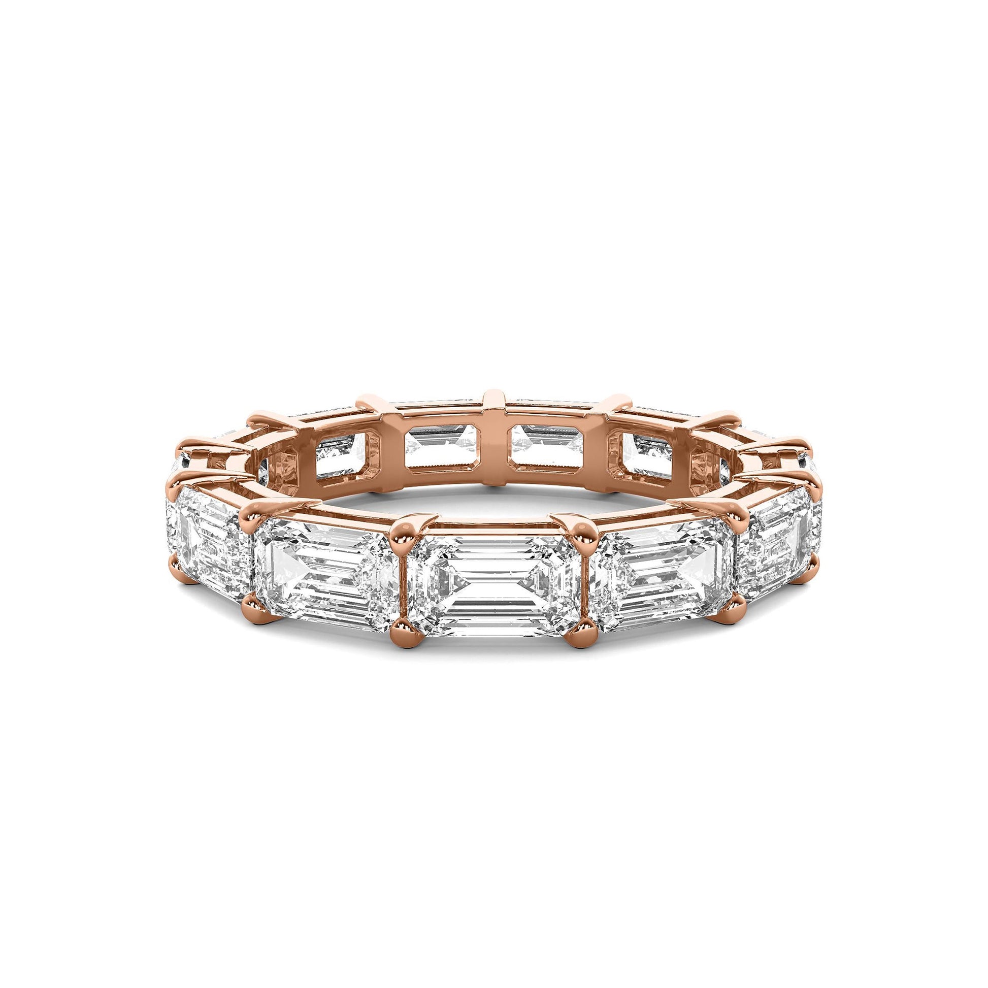 Emerald Cut Eternity Wedding Band in rose gold with sparkling moissanite diamonds, designed for elegance and lasting brilliance.