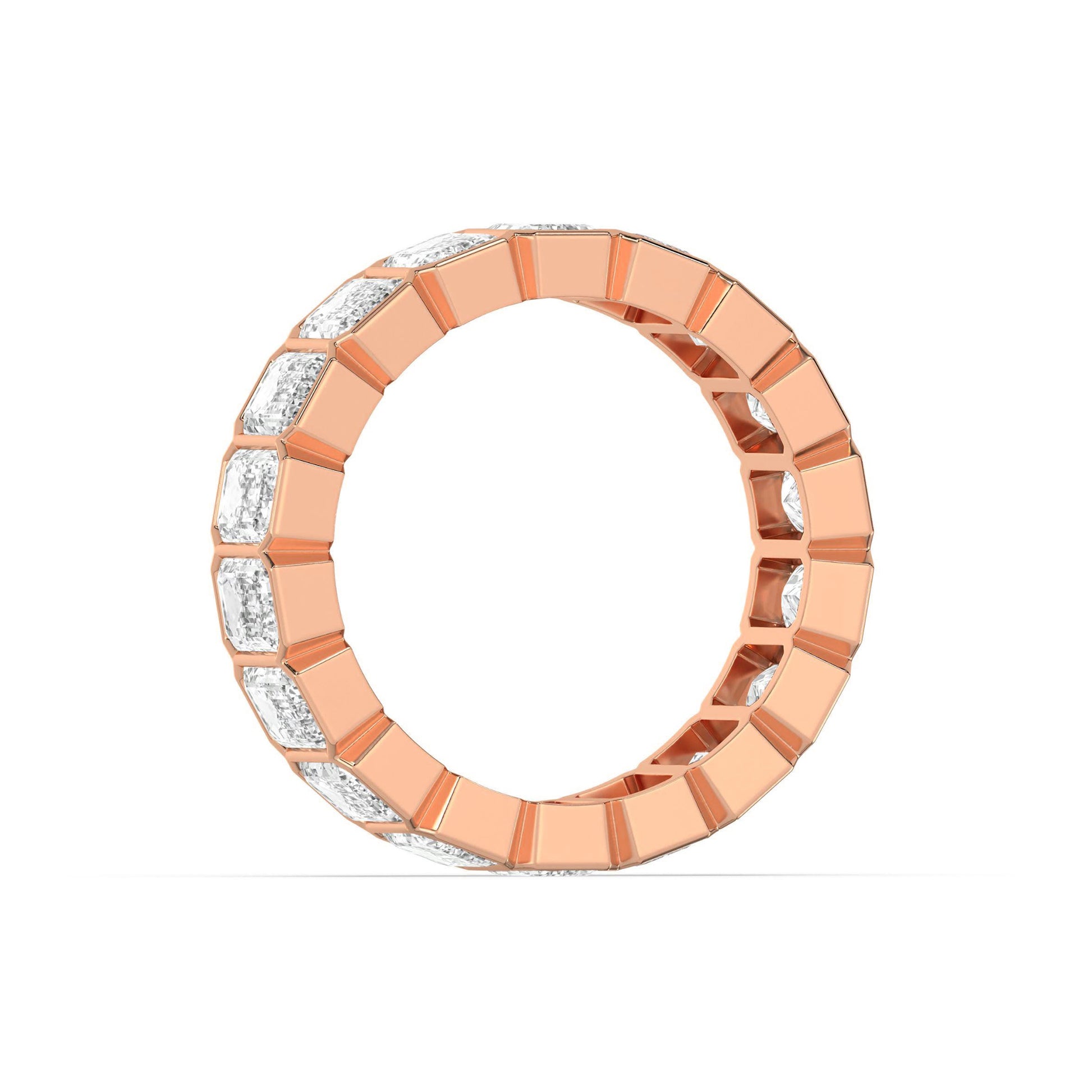 Side profile of rose gold Emerald Cut Wedding Band showing the seamless bezel-set diamond design in a continuous loop.