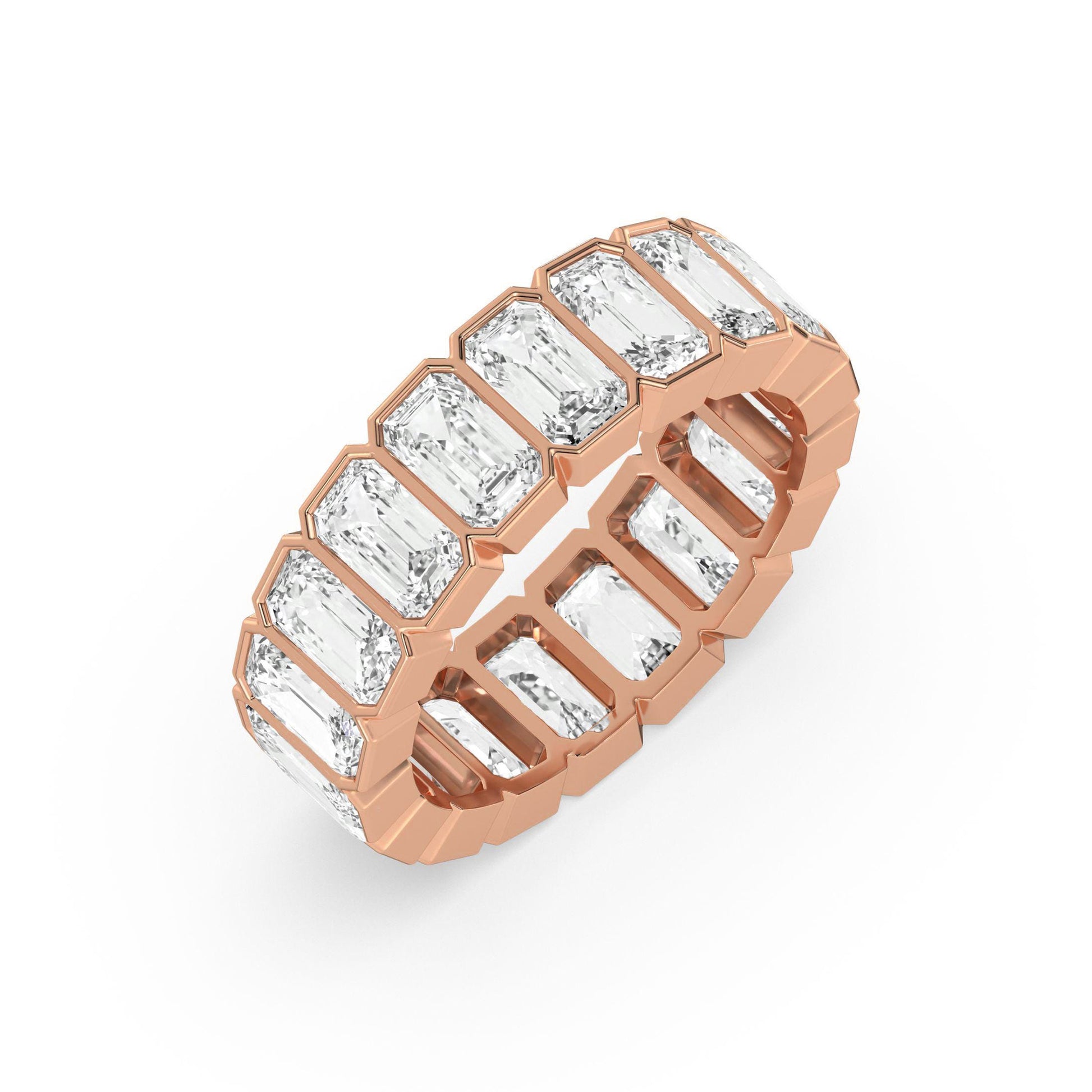 Angled view of rose gold Emerald Cut Wedding Band with step-cut diamonds in a full eternity bezel setting for modern brides.