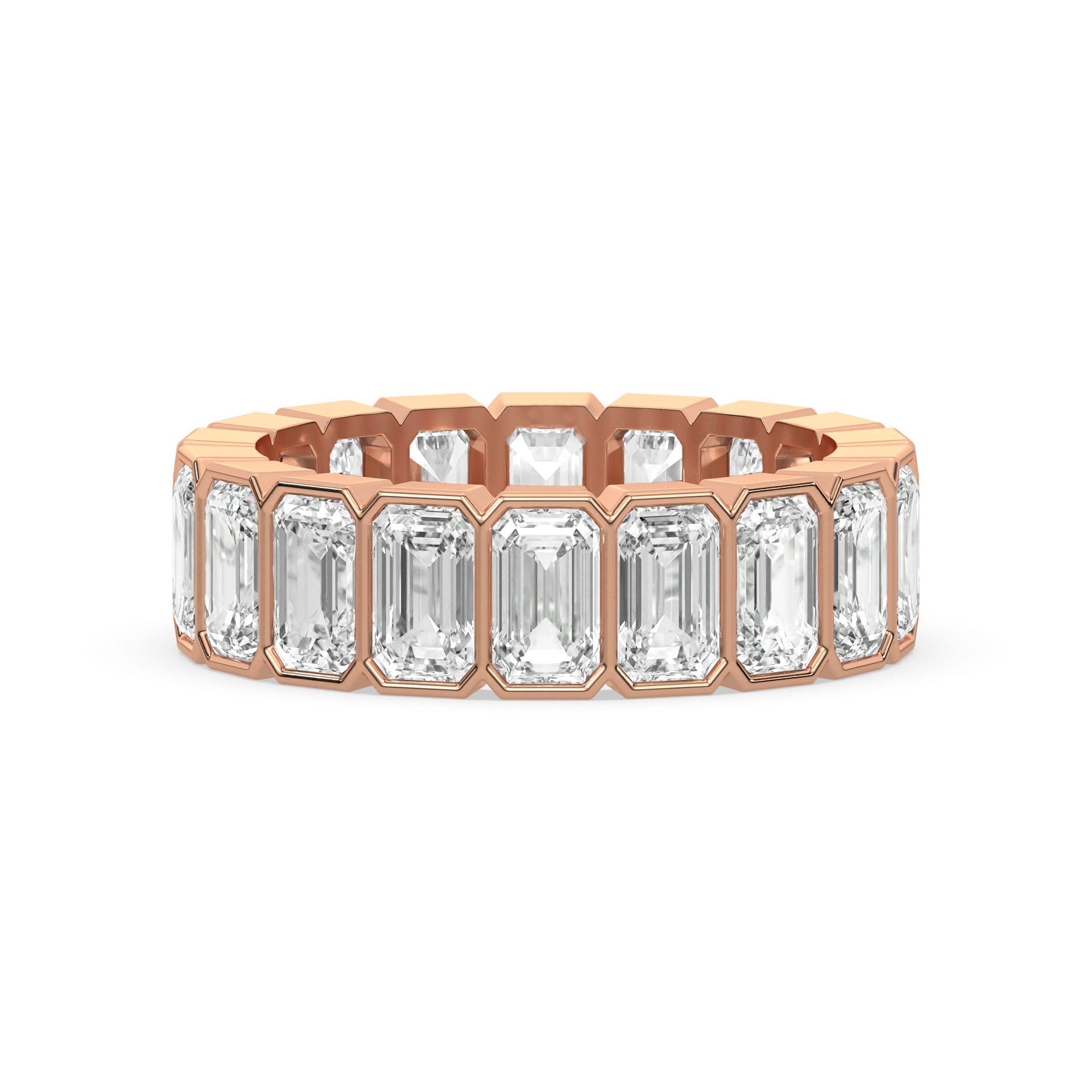 Rose gold Emerald Cut Wedding Band with bezel-set diamonds, offering a romantic and elegant wedding ring option.