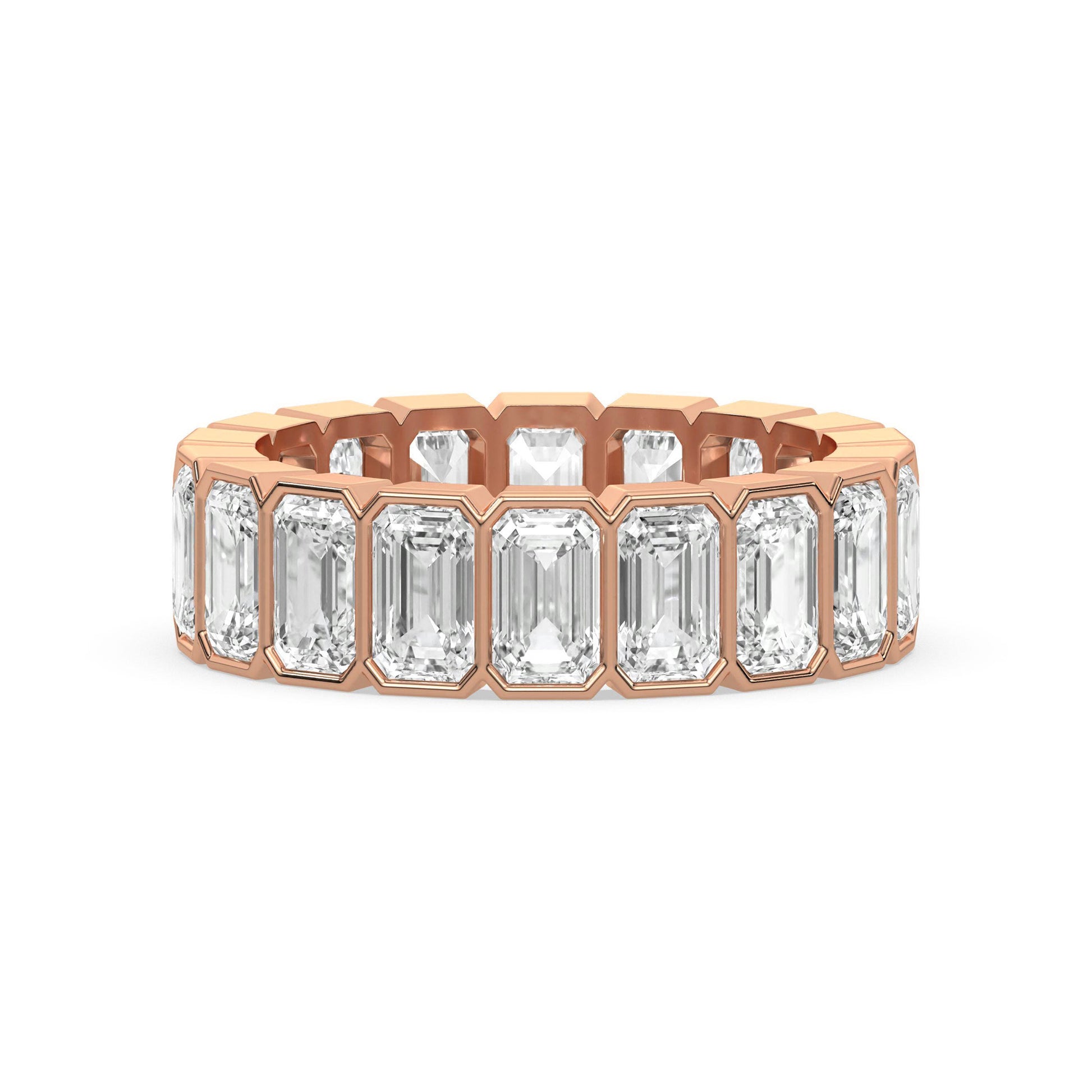 Rose gold Emerald Cut Wedding Band with bezel-set diamonds, offering a romantic and elegant wedding ring option.