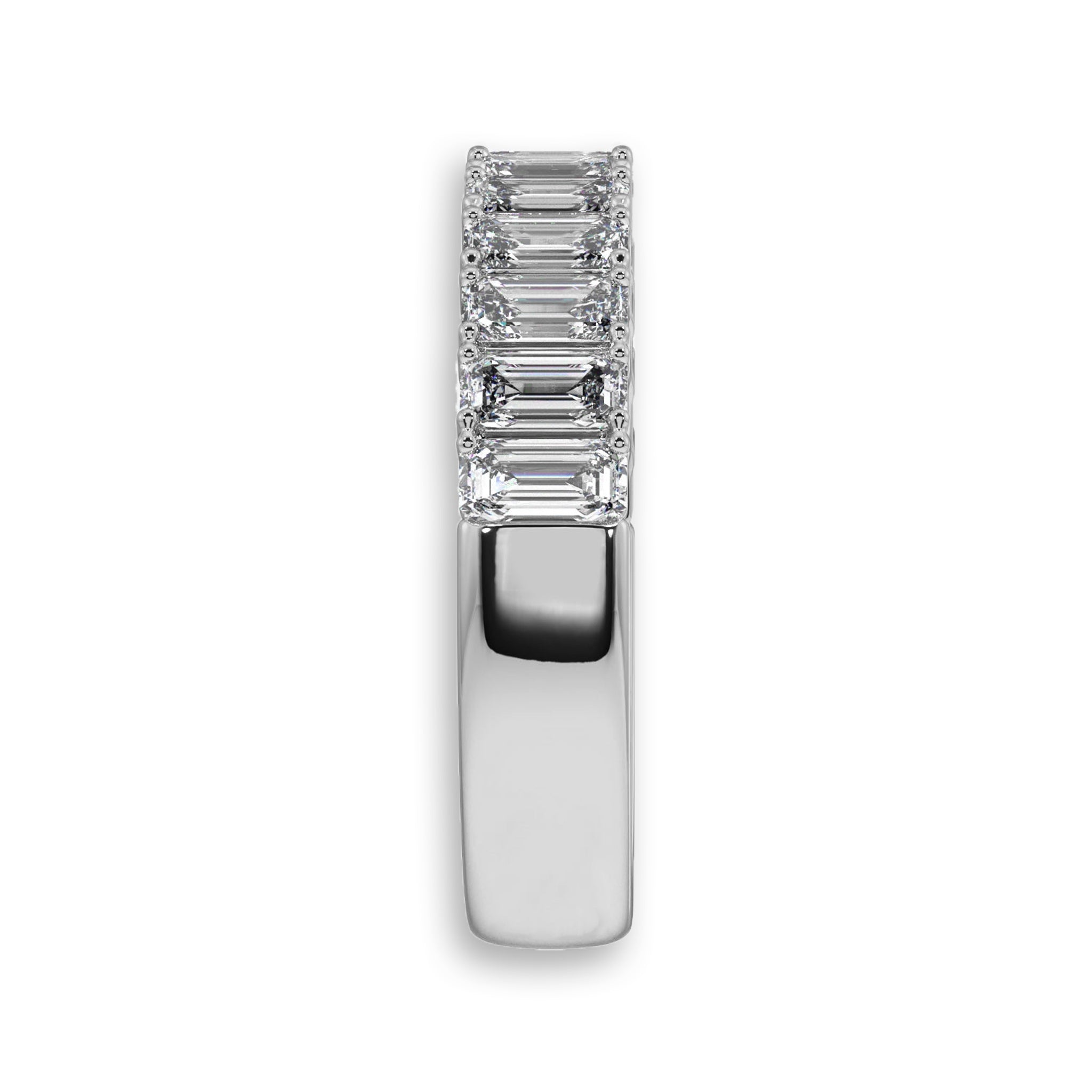 Side profile of white gold emerald cut diamond wedding band. Features lab-grown diamonds in a classic half eternity setting.