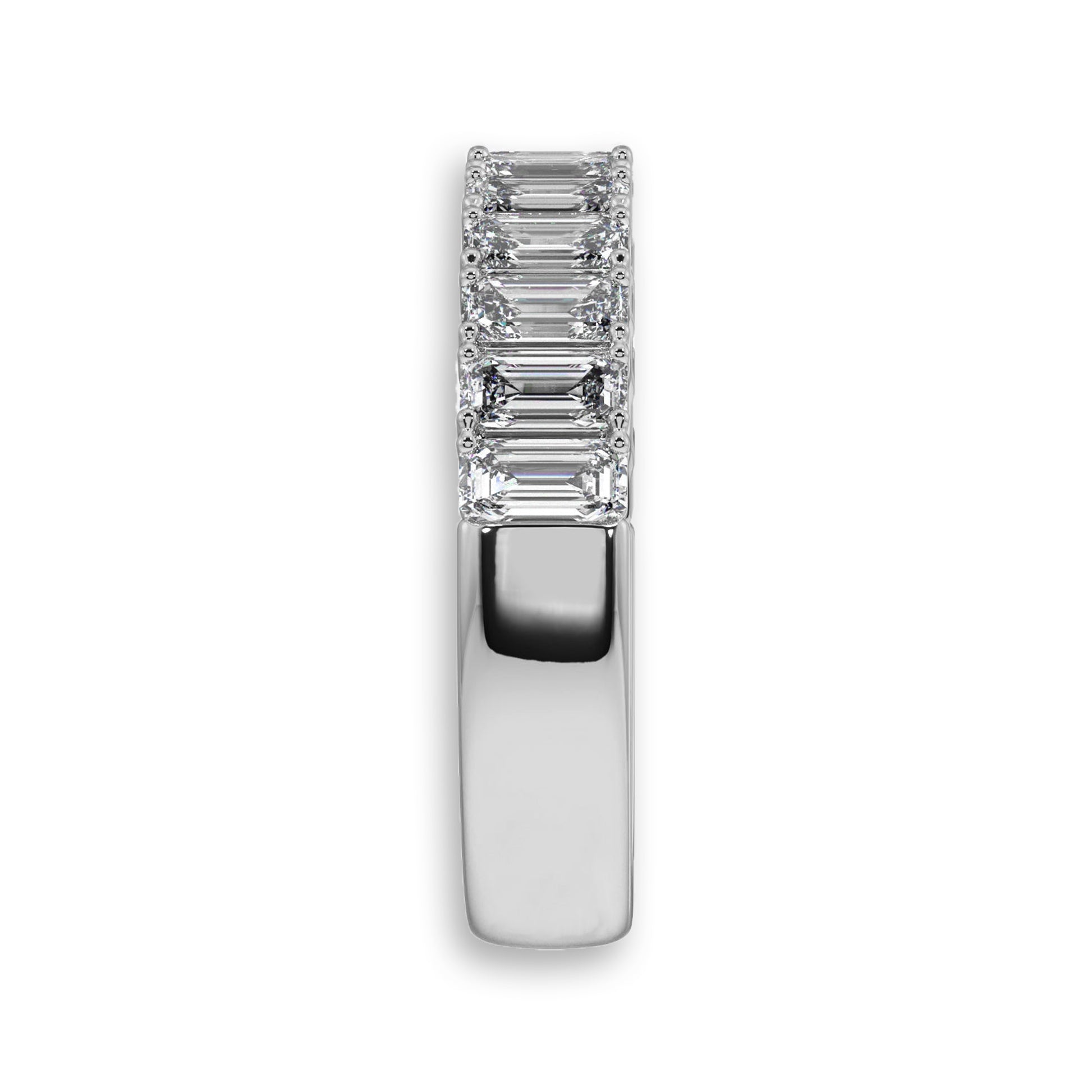 Side profile of white gold emerald cut diamond wedding band. Features lab-grown diamonds in a classic half eternity setting.
