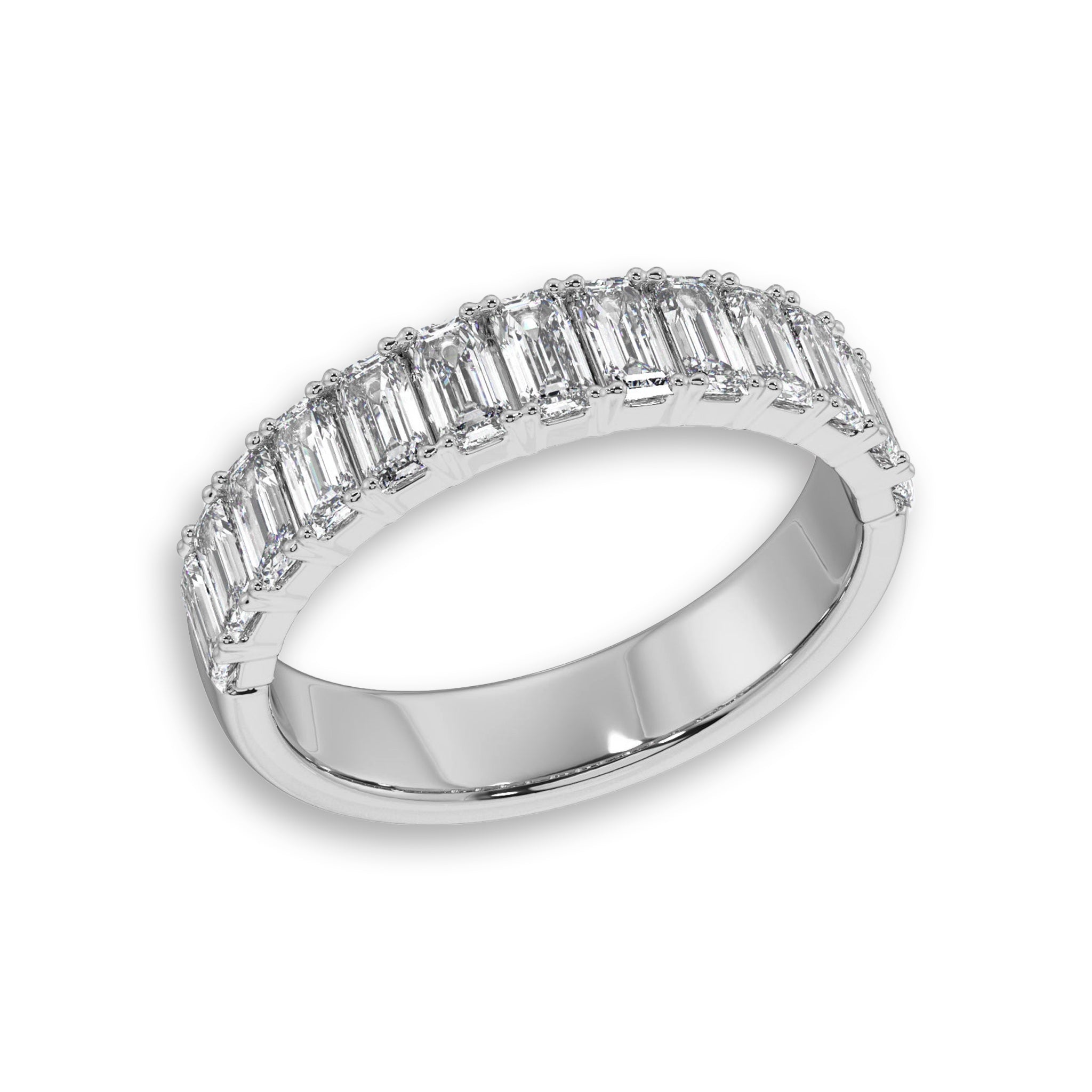 Angled view of white gold half eternity ring with emerald cut lab diamonds. Ideal for bridal sets or anniversary gifts.