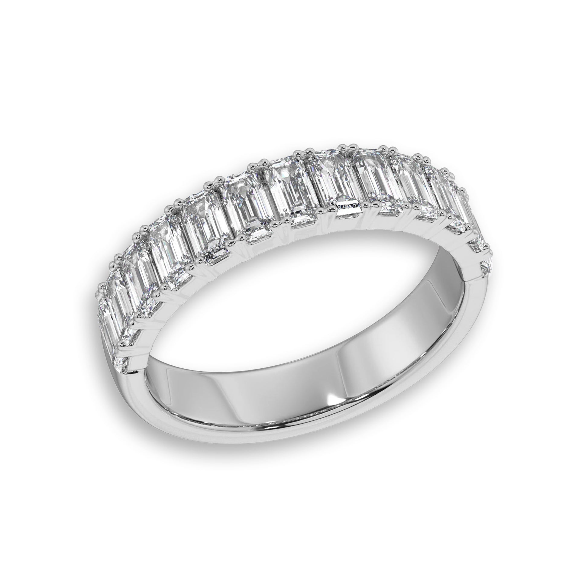 Angled view of white gold half eternity ring with emerald cut lab diamonds. Ideal for bridal sets or anniversary gifts.