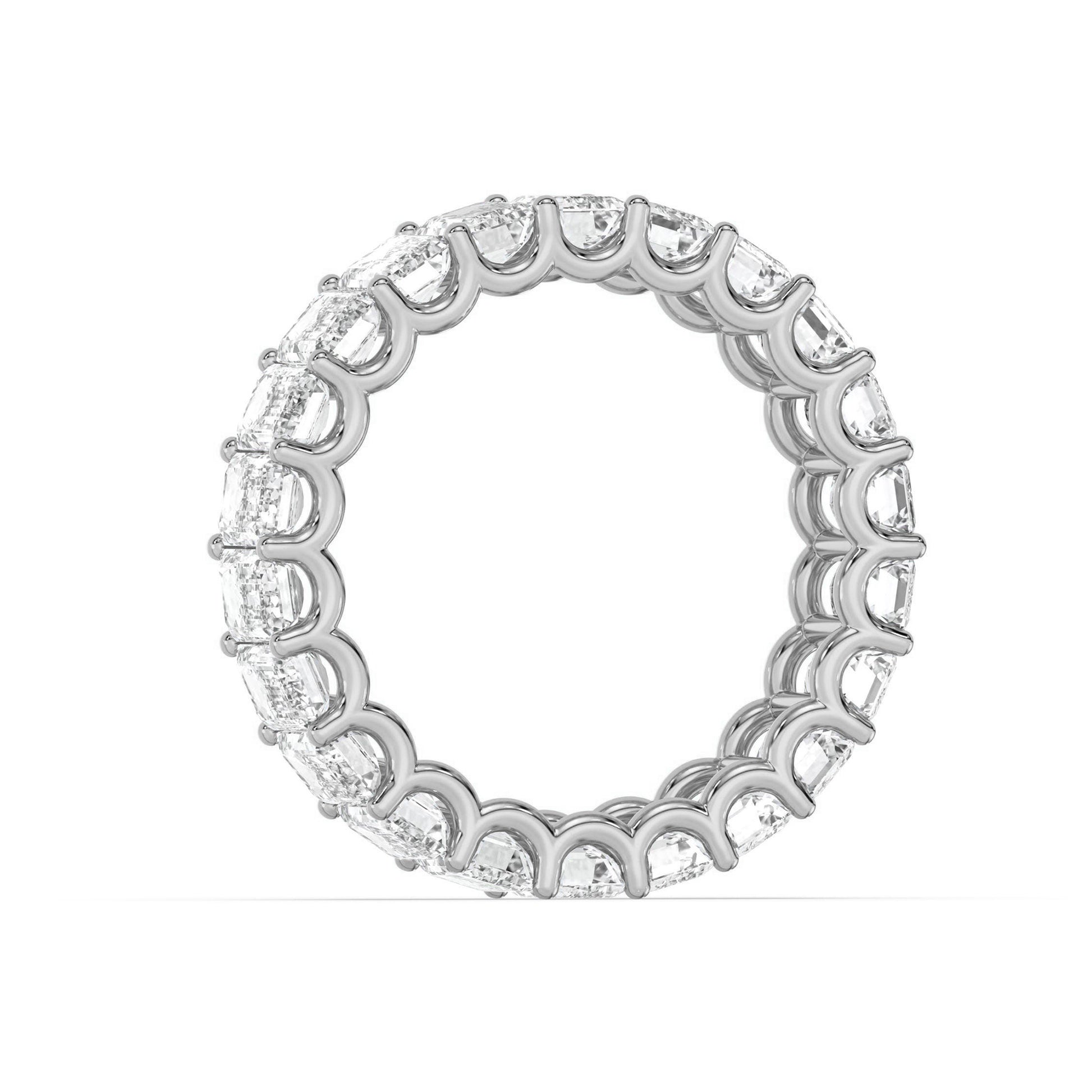 Side profile of white gold Emerald Cut Eternity Wedding Ring showcasing continuous moissanite brilliance.