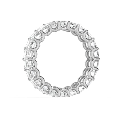 Side profile of white gold Emerald Cut Eternity Wedding Ring showcasing continuous moissanite brilliance.