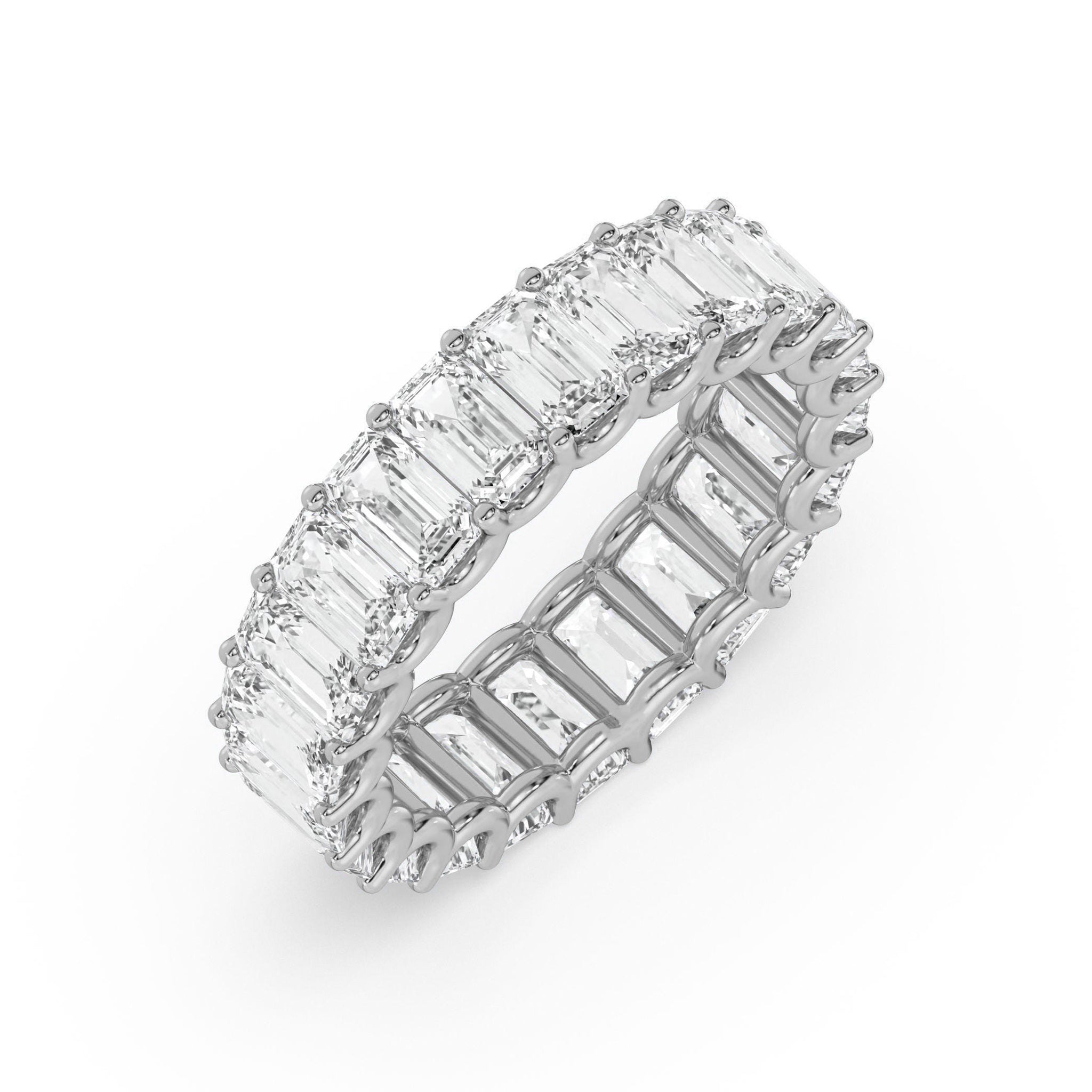 Angled view of white gold Emerald Cut Eternity Wedding Ring with radiant moissanite stones in a full band.