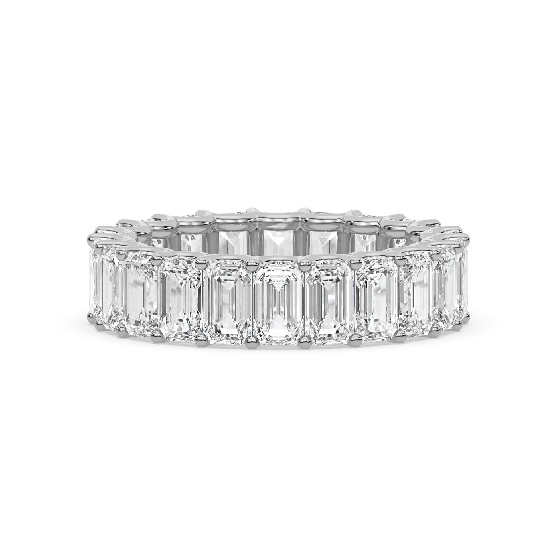 White gold Emerald Cut Eternity Wedding Ring with moissanite diamonds, ideal for weddings or anniversaries.