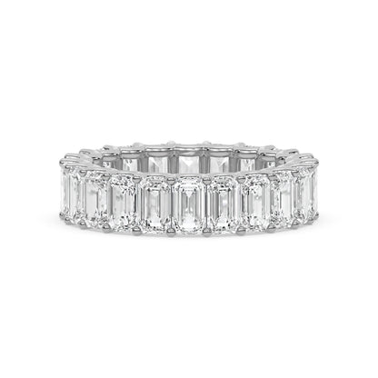 White gold Emerald Cut Eternity Wedding Ring with moissanite diamonds, ideal for weddings or anniversaries.