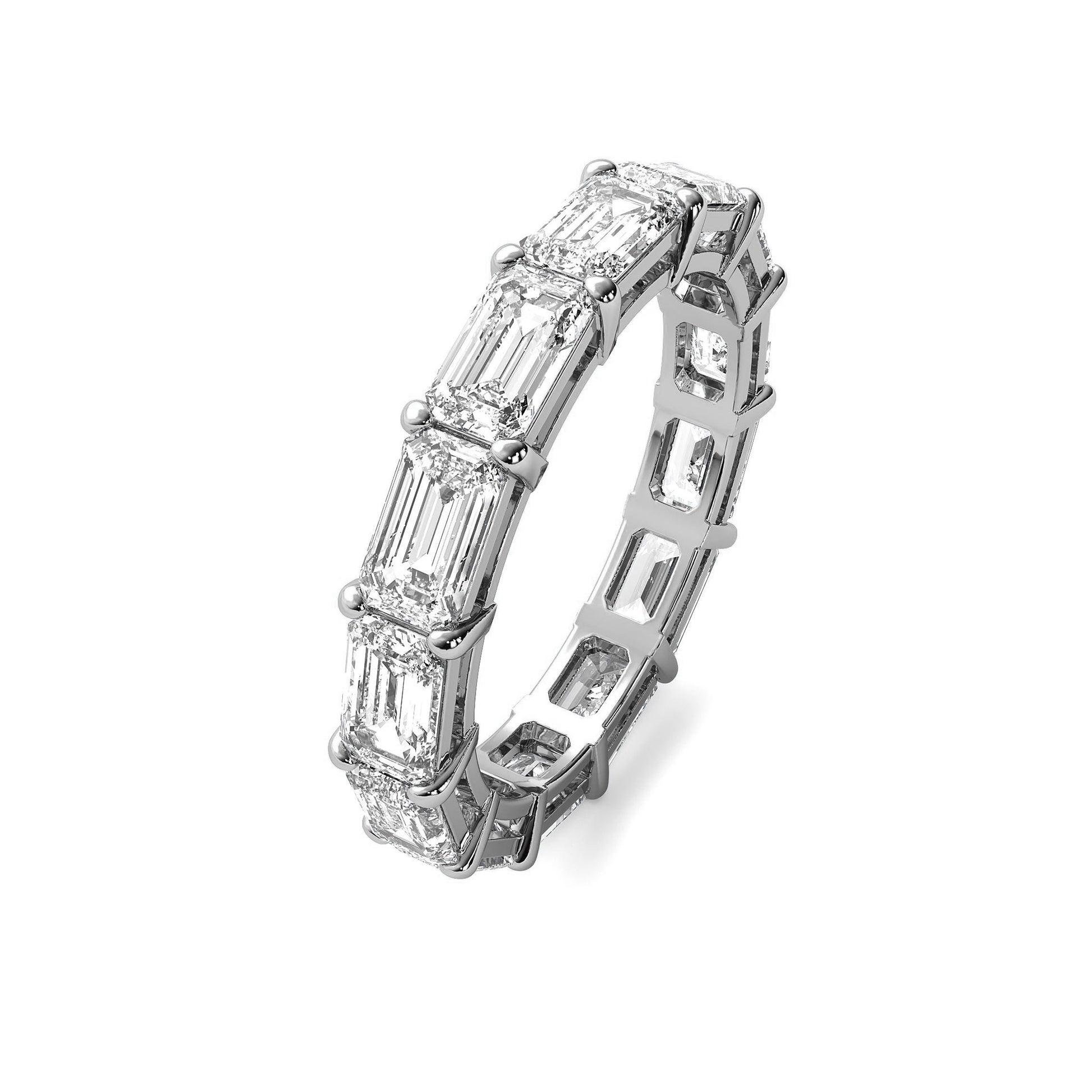 Angled view of white gold Emerald Cut Eternity Wedding Band showcasing brilliance of moissanite stones in a full eternity design.
