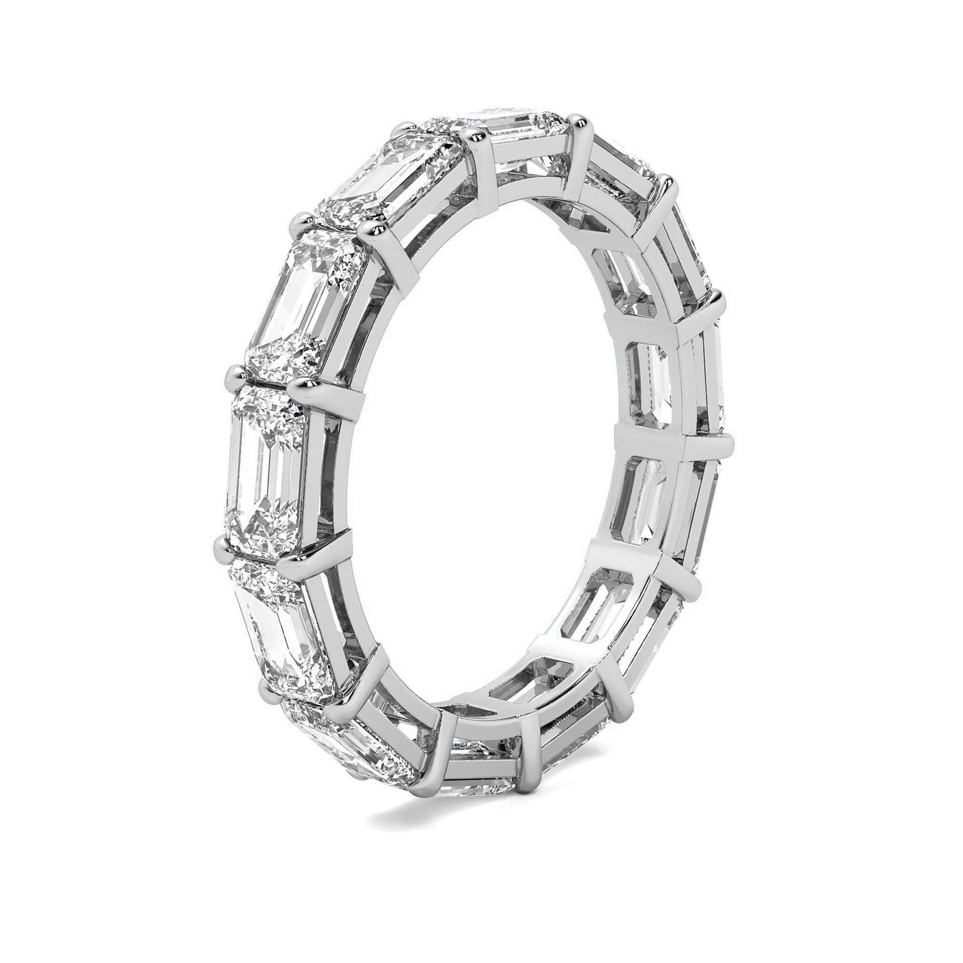 Side profile of white gold Emerald Cut Eternity Wedding Band with prong-set moissanite diamonds for a luxurious wedding or anniversary ring.