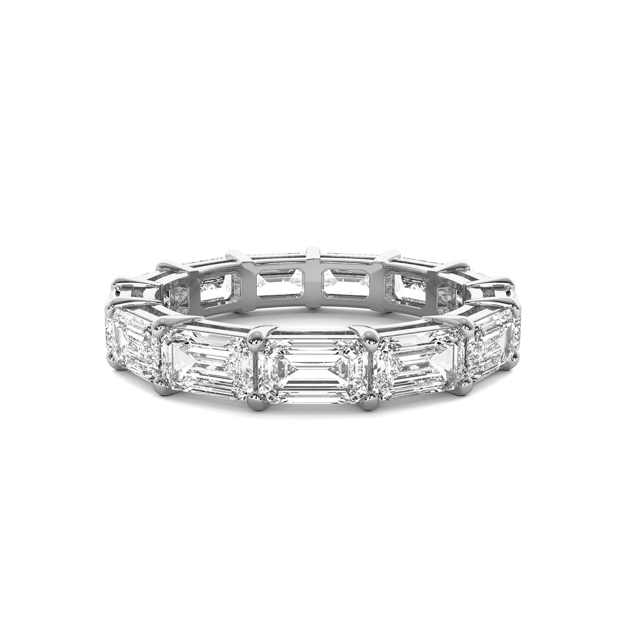 Emerald Cut Eternity Wedding Band in white gold with emerald-cut moissanite diamonds, offering a classic and refined look.