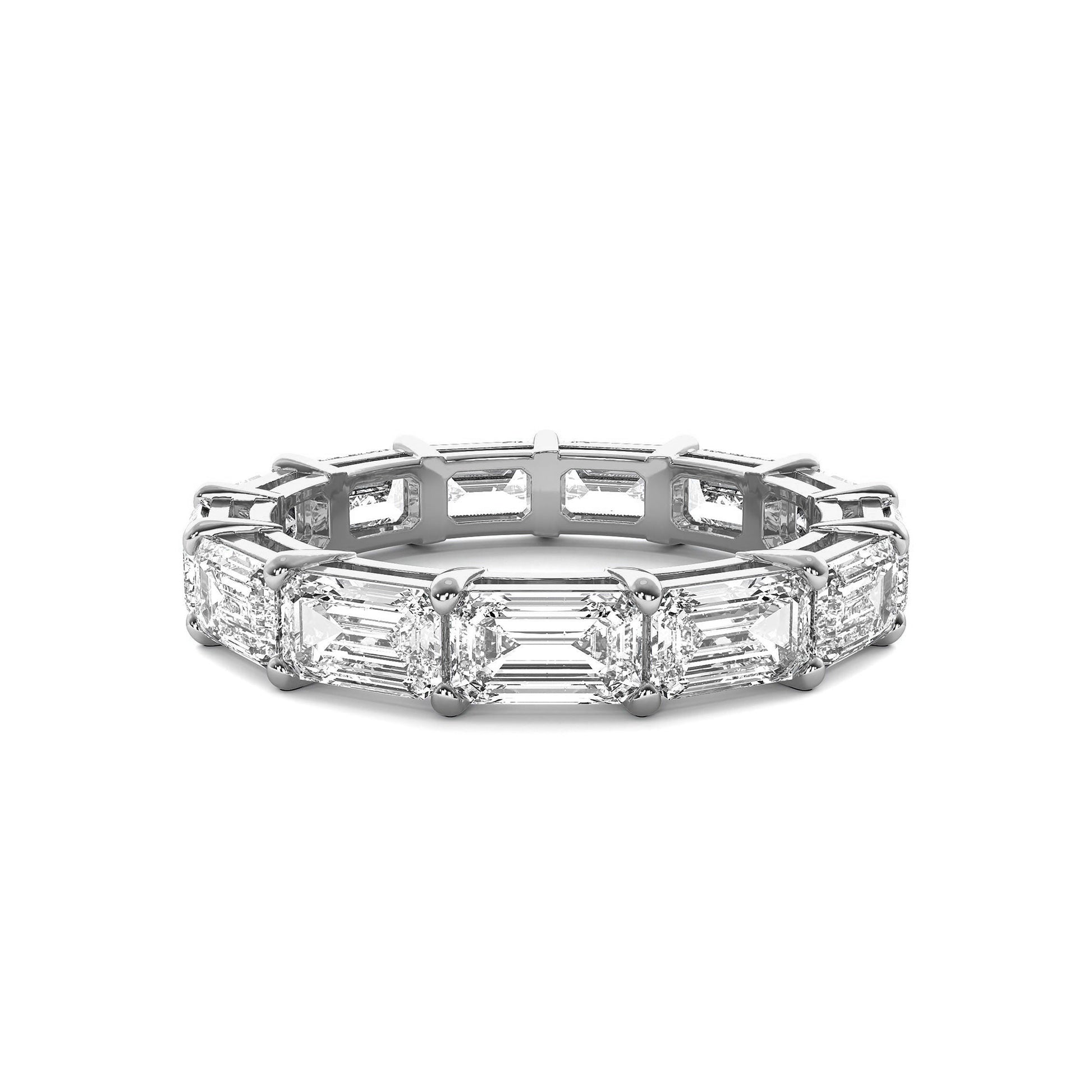 Emerald Cut Eternity Wedding Band in white gold with emerald-cut moissanite diamonds, offering a classic and refined look.