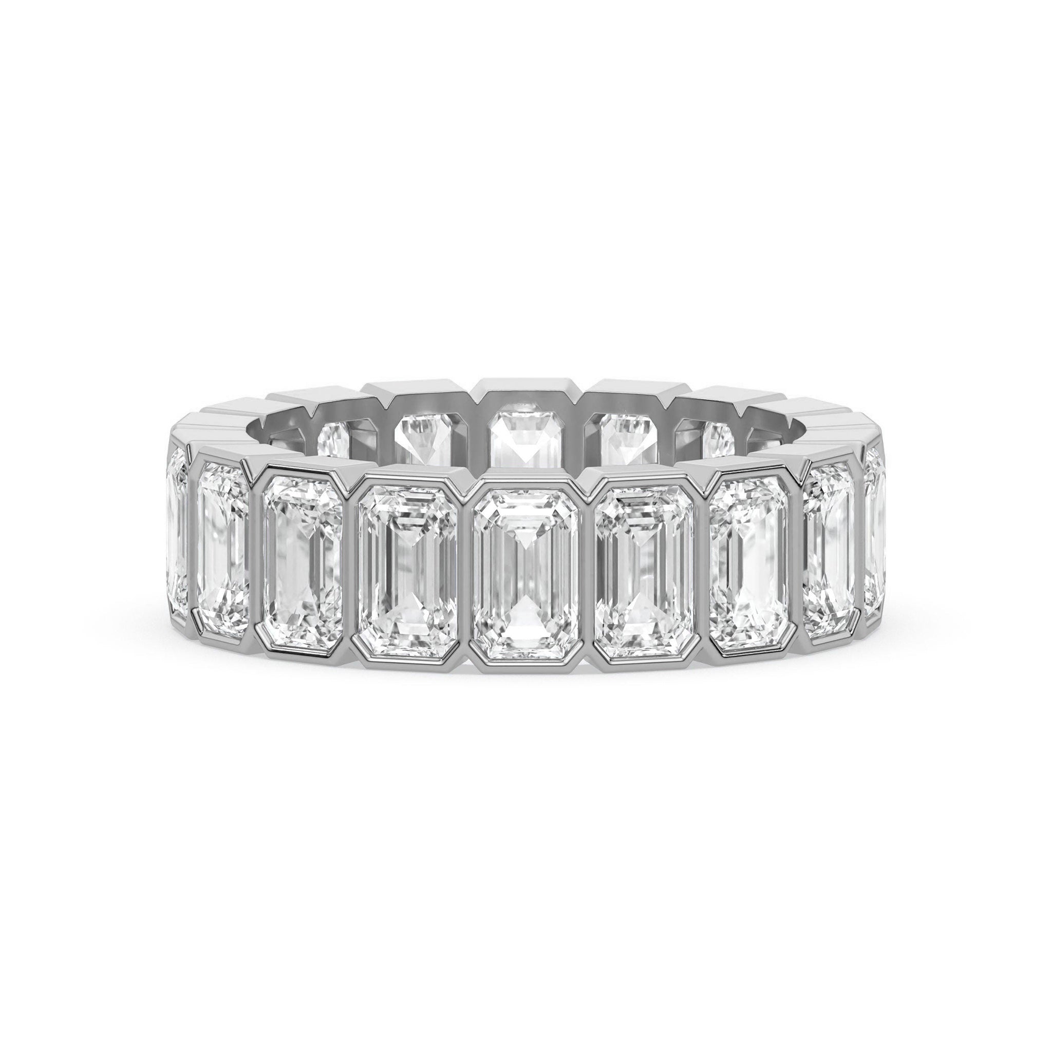 White gold Emerald Cut Wedding Band with bezel-set diamonds, combining classic style with modern elegance for weddings.