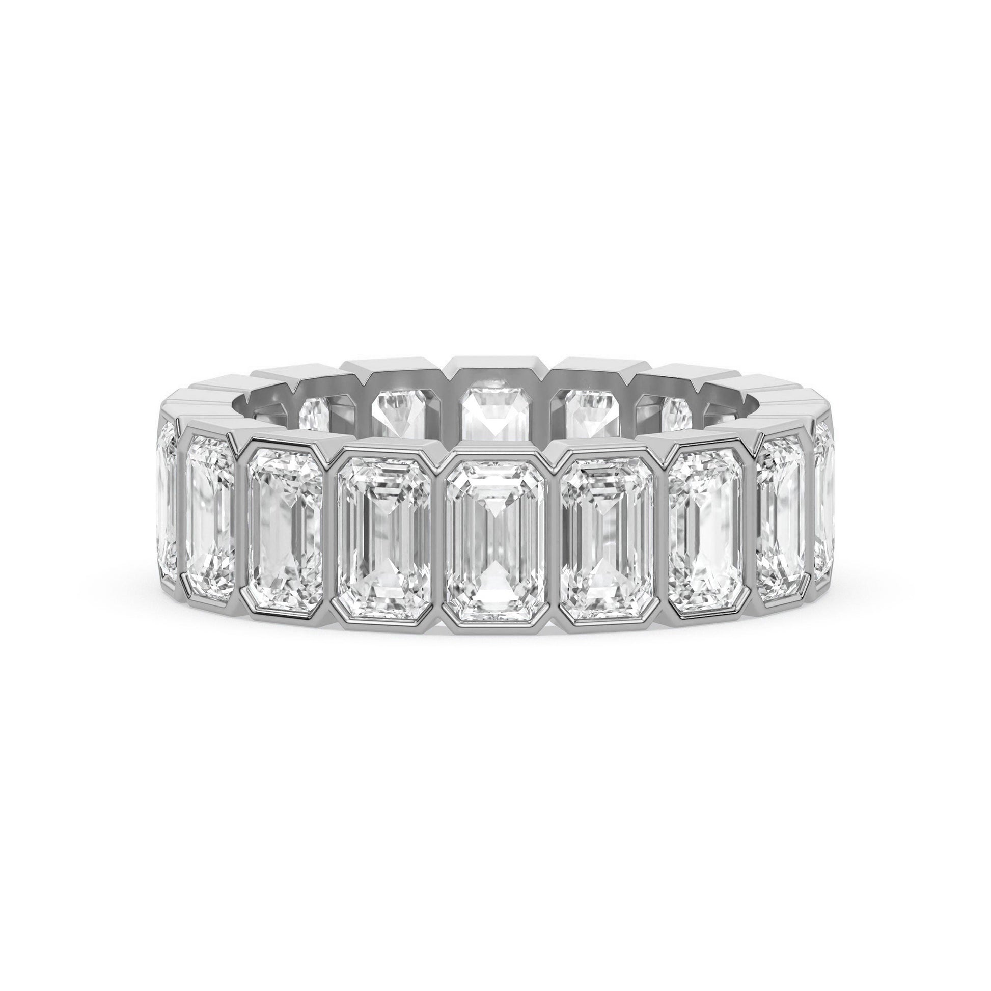 White gold Emerald Cut Wedding Band with bezel-set diamonds, combining classic style with modern elegance for weddings.