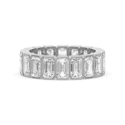 White gold Emerald Cut Wedding Band with bezel-set diamonds, combining classic style with modern elegance for weddings.