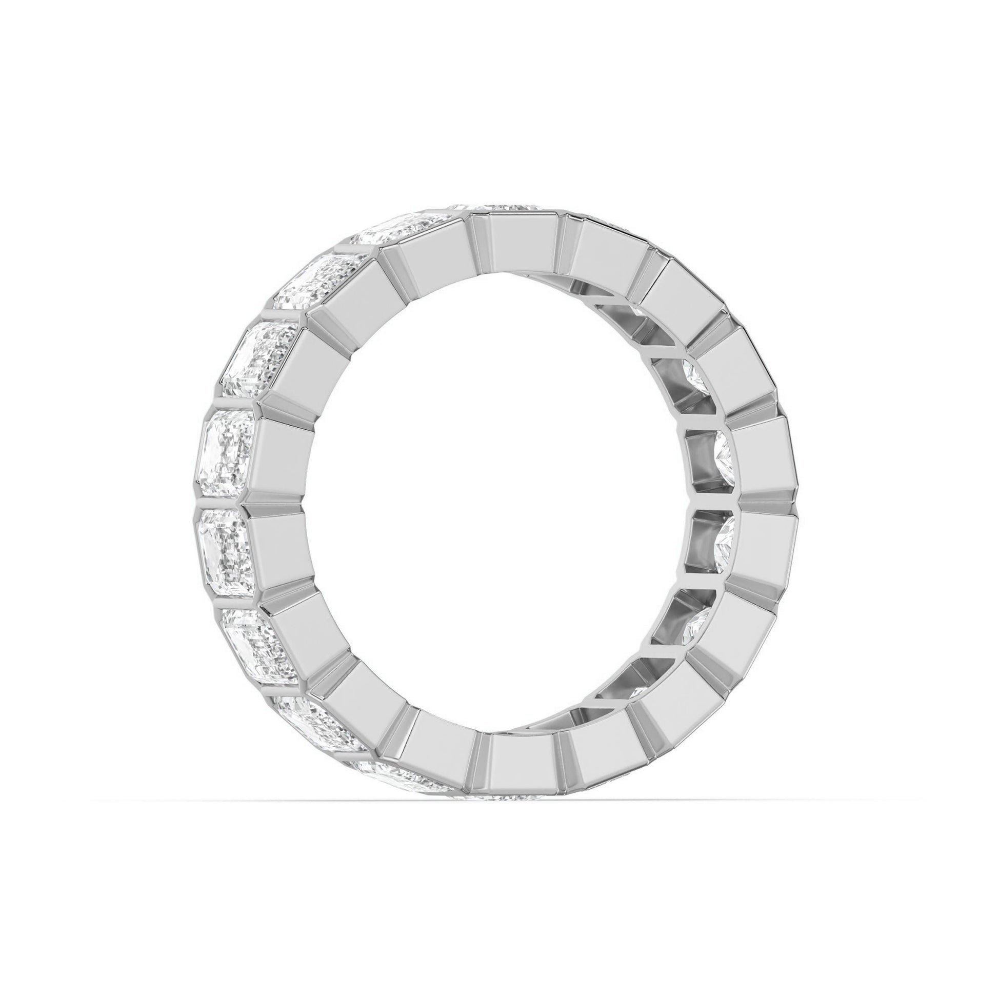 Side profile of white gold Emerald Cut Wedding Band showcasing the full eternity bezel-set diamond arrangement.