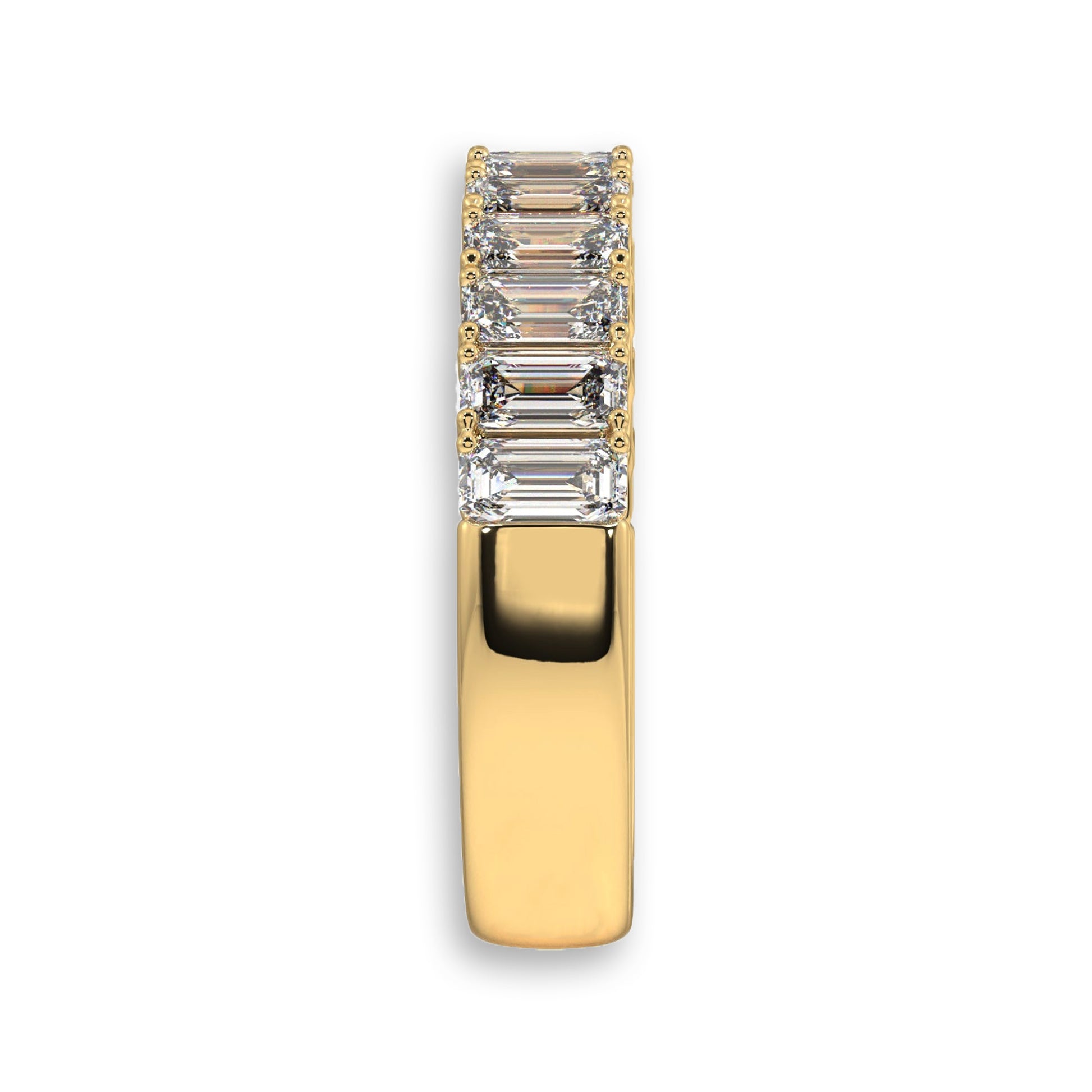 Top view of yellow gold emerald cut lab diamond wedding band. Sleek and modern half eternity style for women’s jewelry collections.