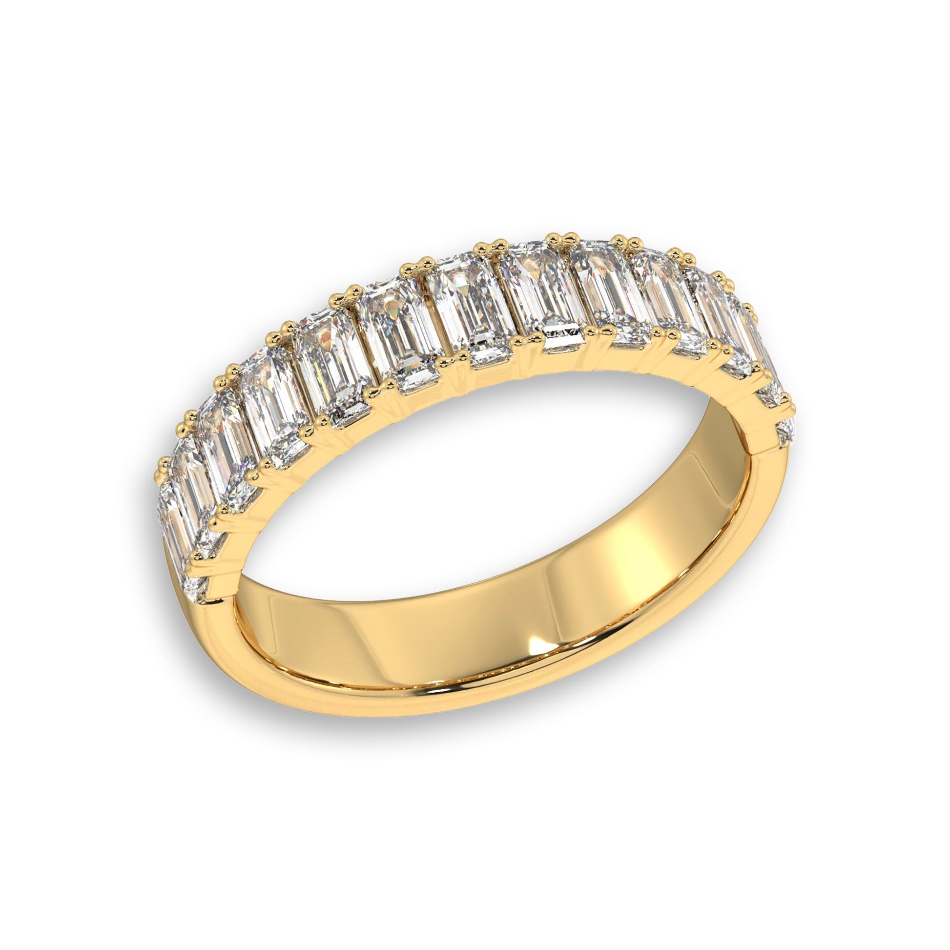 Yellow gold half eternity ring featuring emerald cut lab diamonds. Perfect as a wedding band or matching ring for special occasions.