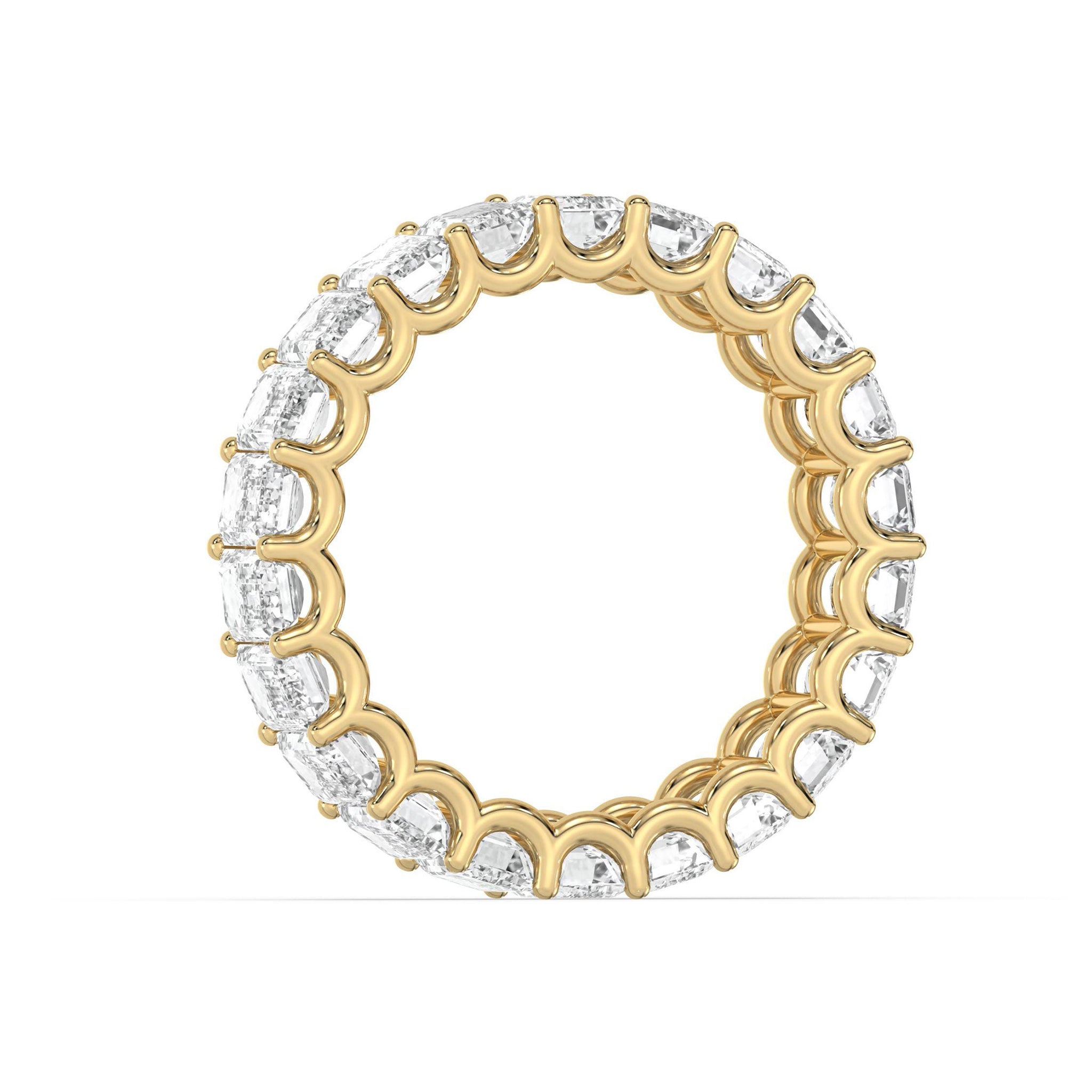 Side profile of yellow gold Emerald Cut Eternity Wedding Ring with continuous moissanite setting.