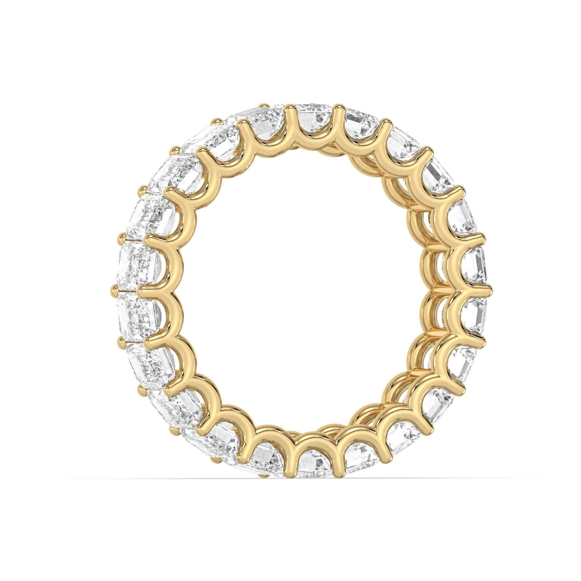 Side profile of yellow gold Emerald Cut Eternity Wedding Ring with continuous moissanite setting.