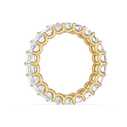 Side profile of yellow gold Emerald Cut Eternity Wedding Ring with continuous moissanite setting.